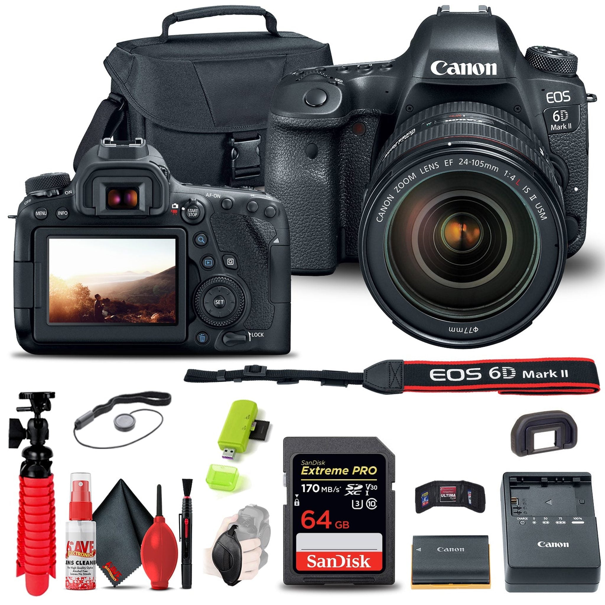 Canon EOS 6D Mark II Camera with 24-105mm f/4L II Lens 1897C009 Extra Storage Bundle Canon