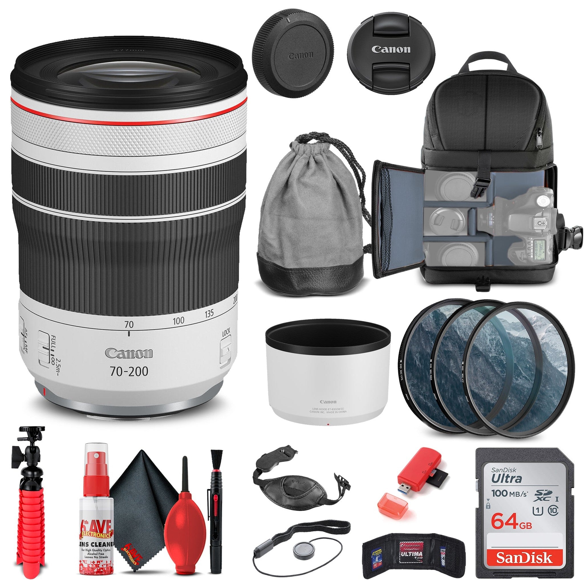 Canon RF 70-200mm f/4L IS USM Lens 4318C002 + Filter Kit + BackPack + More Canon