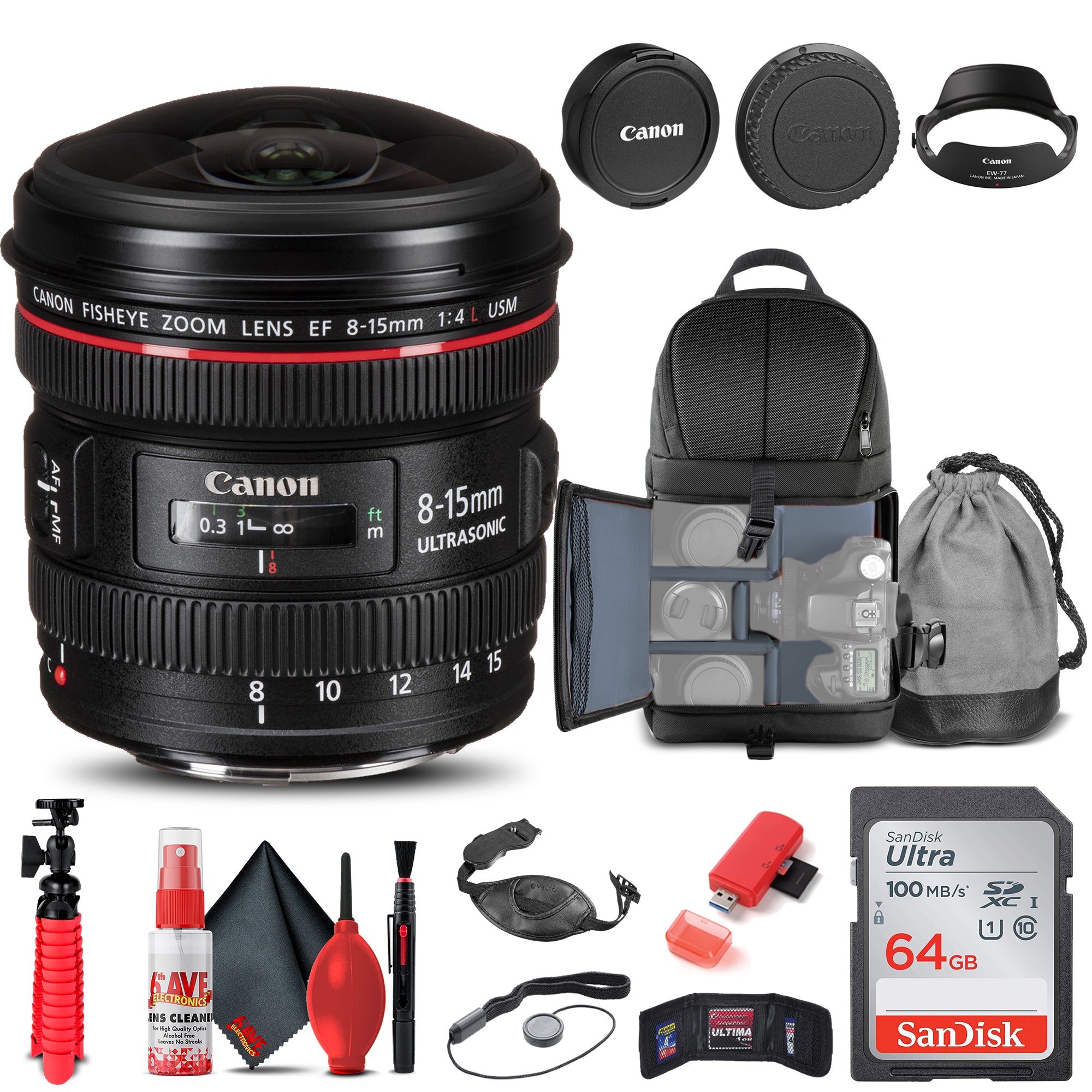 Canon EF 8-15mm f/4L Fisheye USM Lens 4427B002 + BackPack + 64GB Card + More Canon