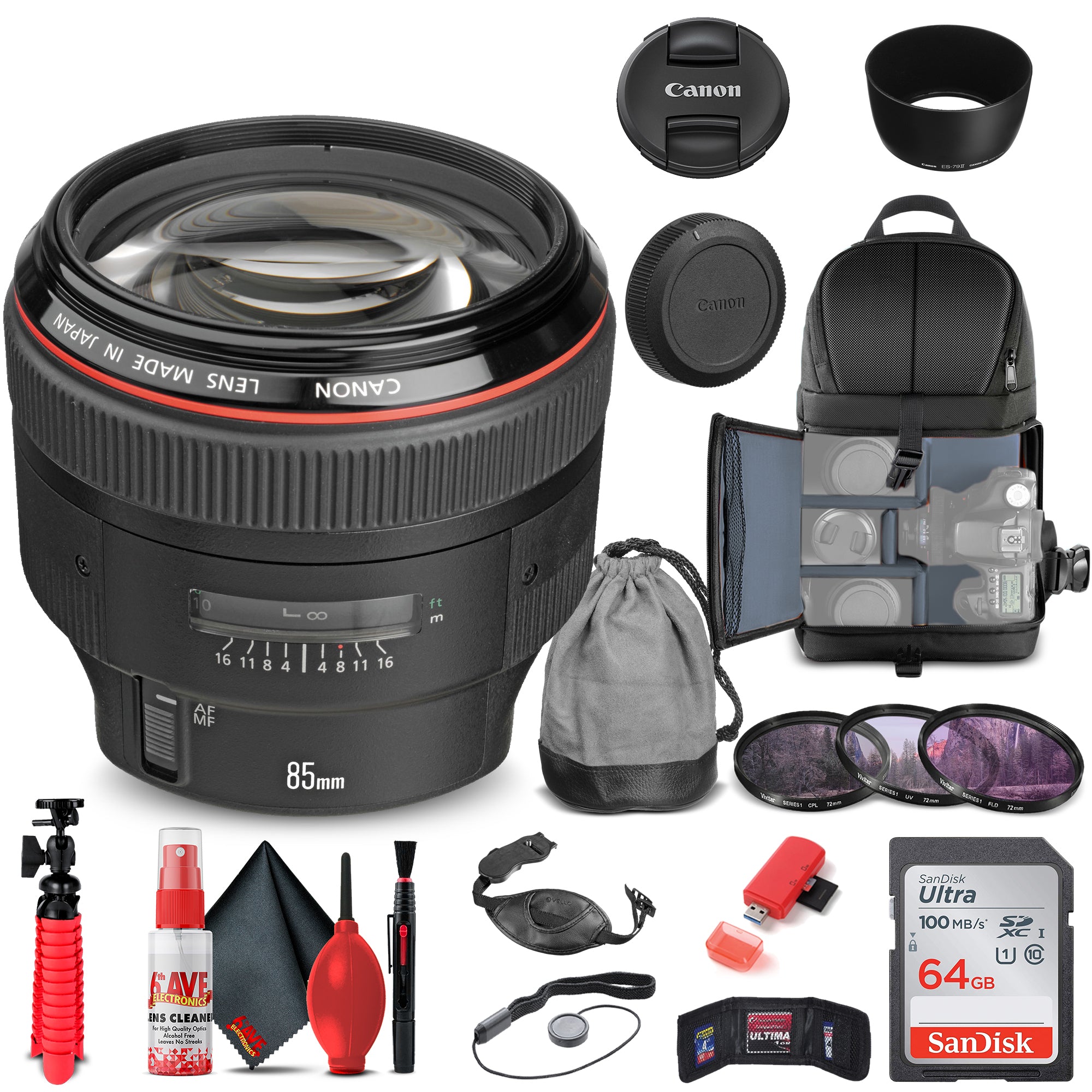 Canon EF 85mm f/1.2L II USM Lens 1056B002 + Filter + BackPack + 64GB + More Canon