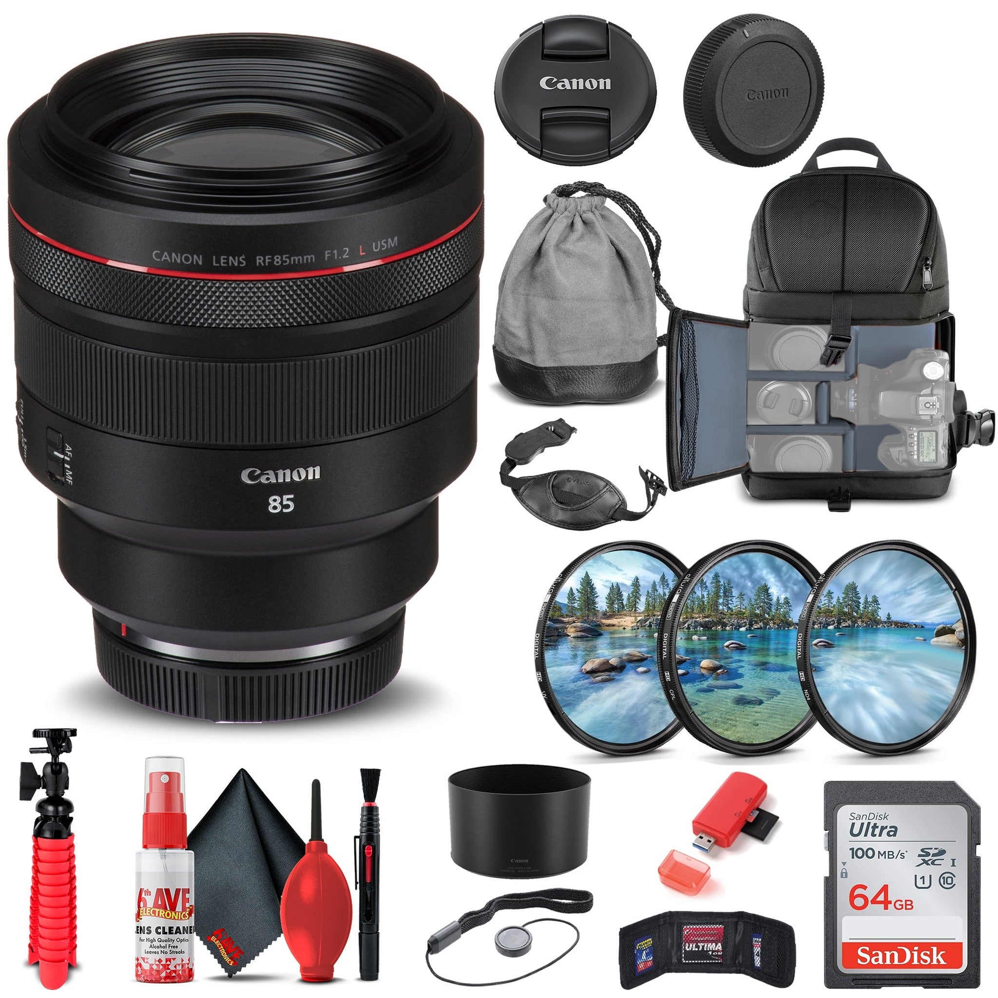 Canon RF 85mm f/1.2L USM Lens 3447C002 + Filter Kit + BackPack + More Canon