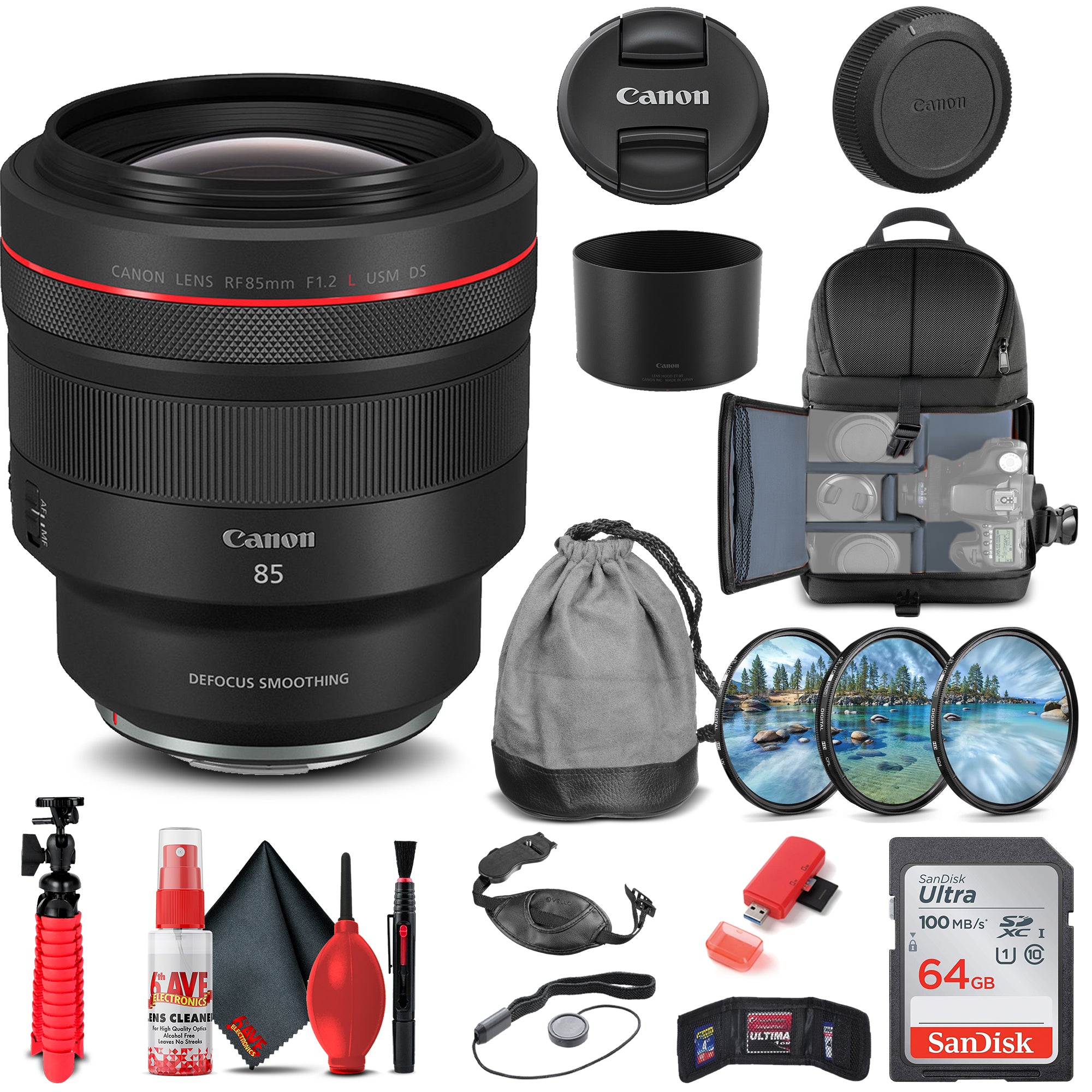 Canon RF 85mm f/1.2L USM DS Lens 3450C002 + Filter Kit + BackPack + More Canon