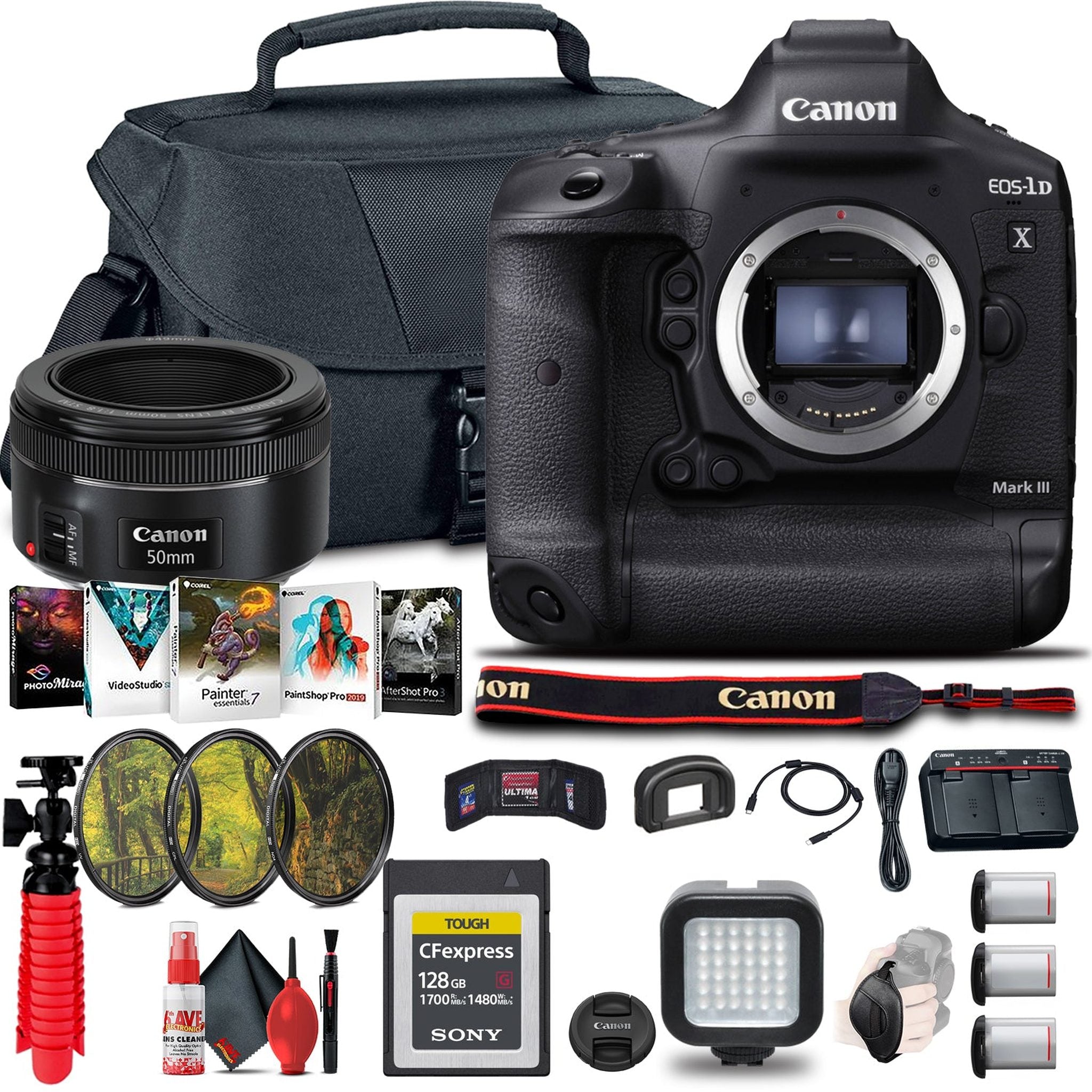 Canon EOS-1D X Mark III DSLR Camera Body Only 3829C002 + Canon EF 50mm Lens + Flash Canon