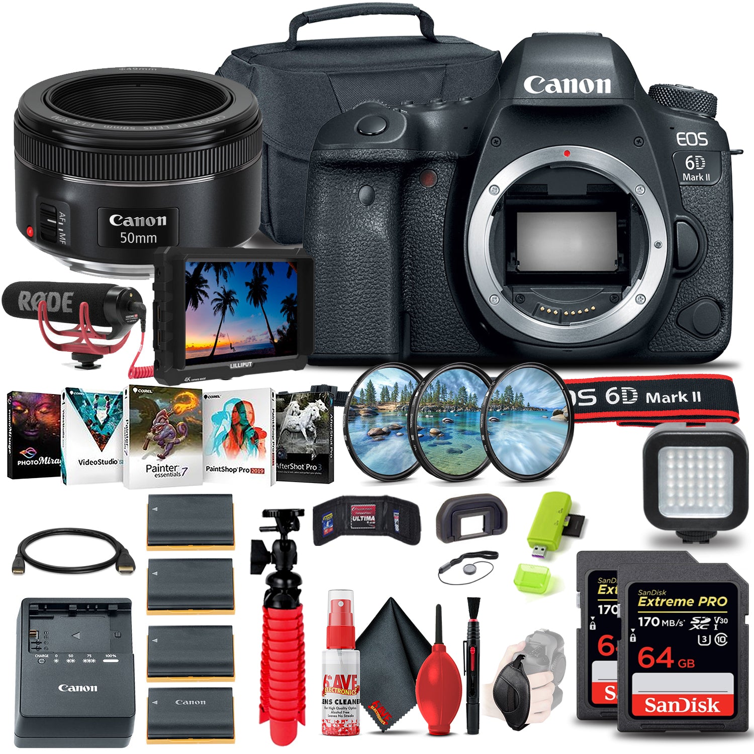 Canon EOS 6D Mark II DSLR Camera 1897C002 + 4K Monitor + Canon EF + More Canon