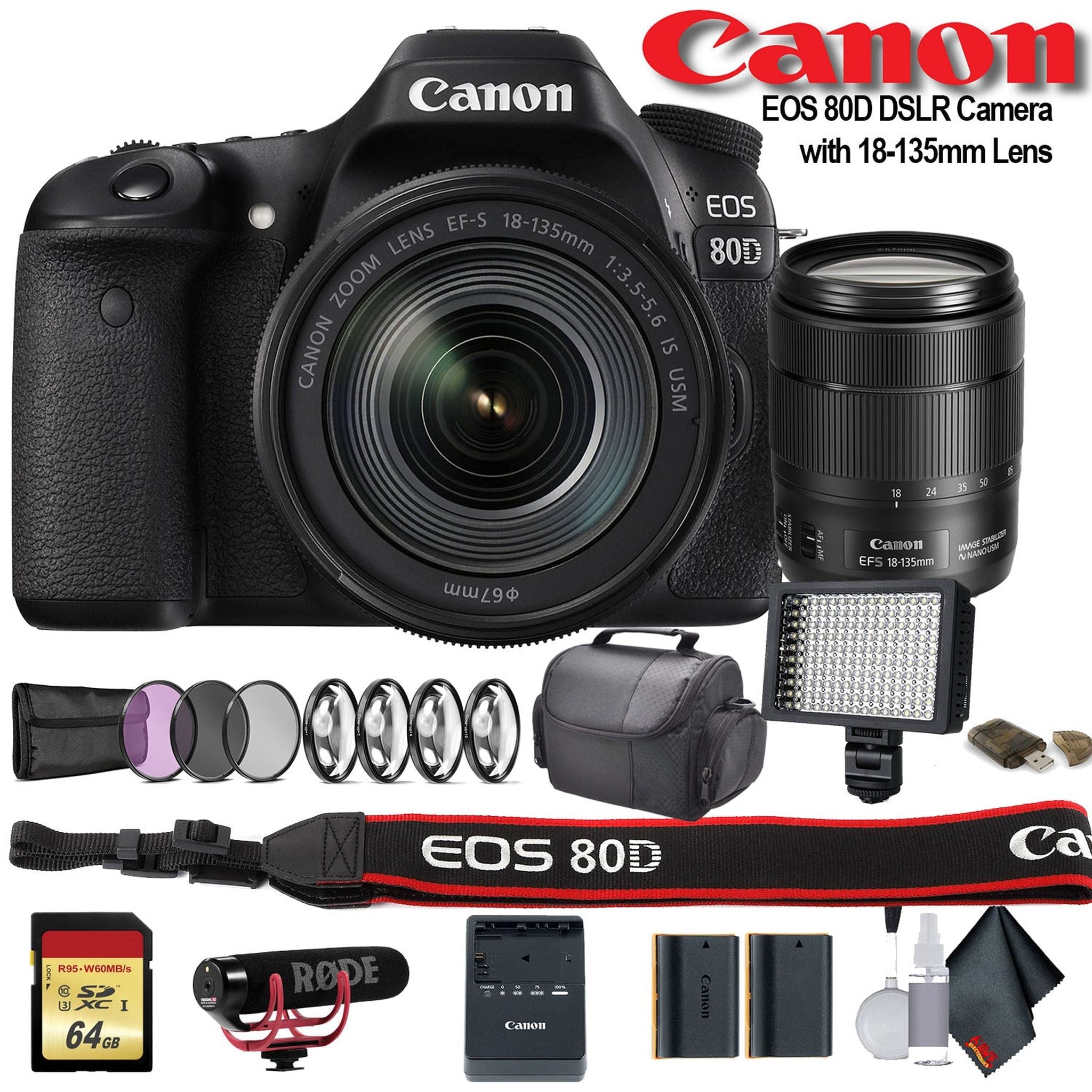 Canon EOS 80D DSLR Camera with 18-135mm Lens 1263C006 W/Bag, Extra Battery, LED Light, Mic, Filters and More - Advance Canon