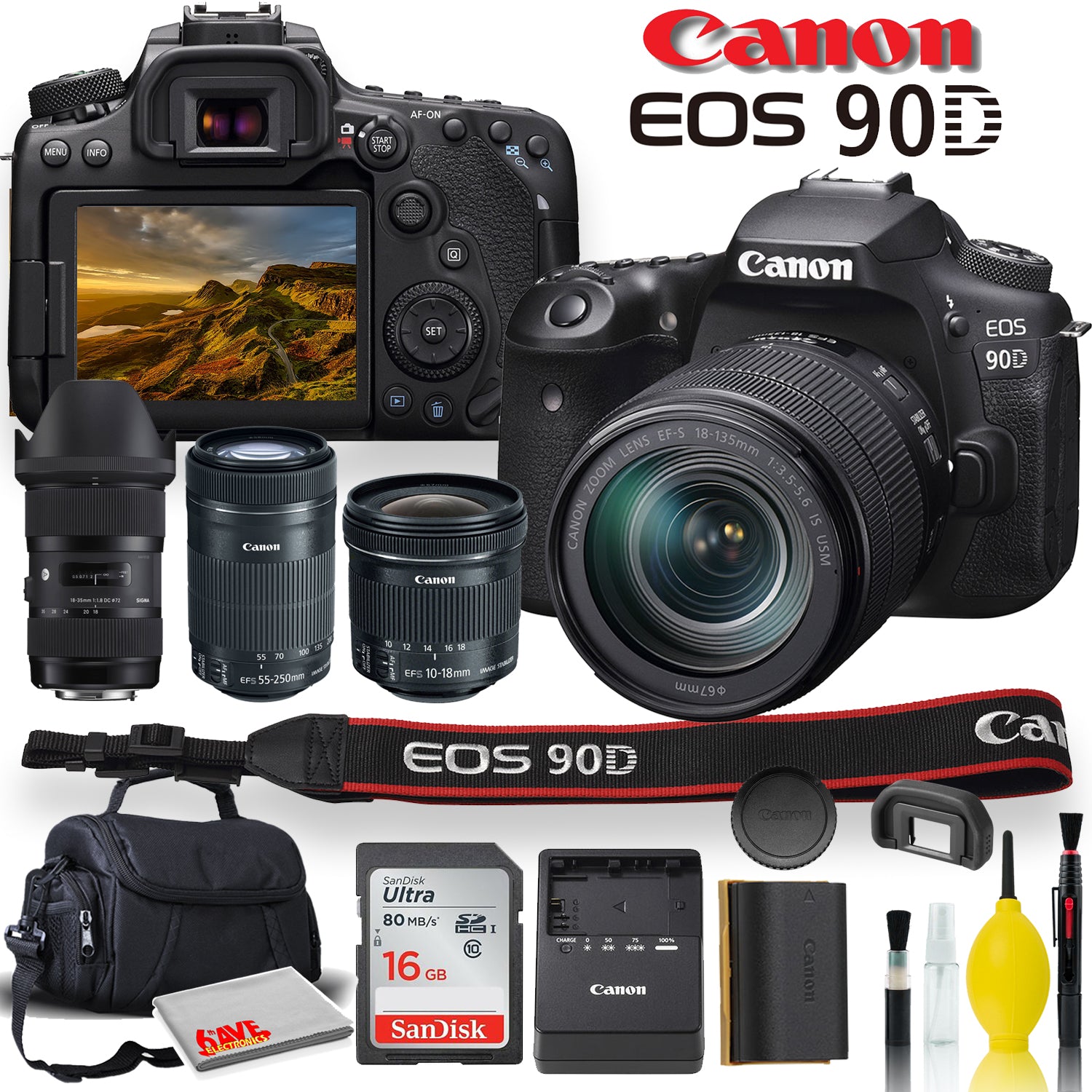 Canon EOS 90D DSLR Camera With 18-135mm Lens, Sigma 18-35mm, Canon EF-S 55-250mm, Canon EF-S 10-18mm, Soft Padded Case, Memory Card, and More - Triple Lens Set Canon