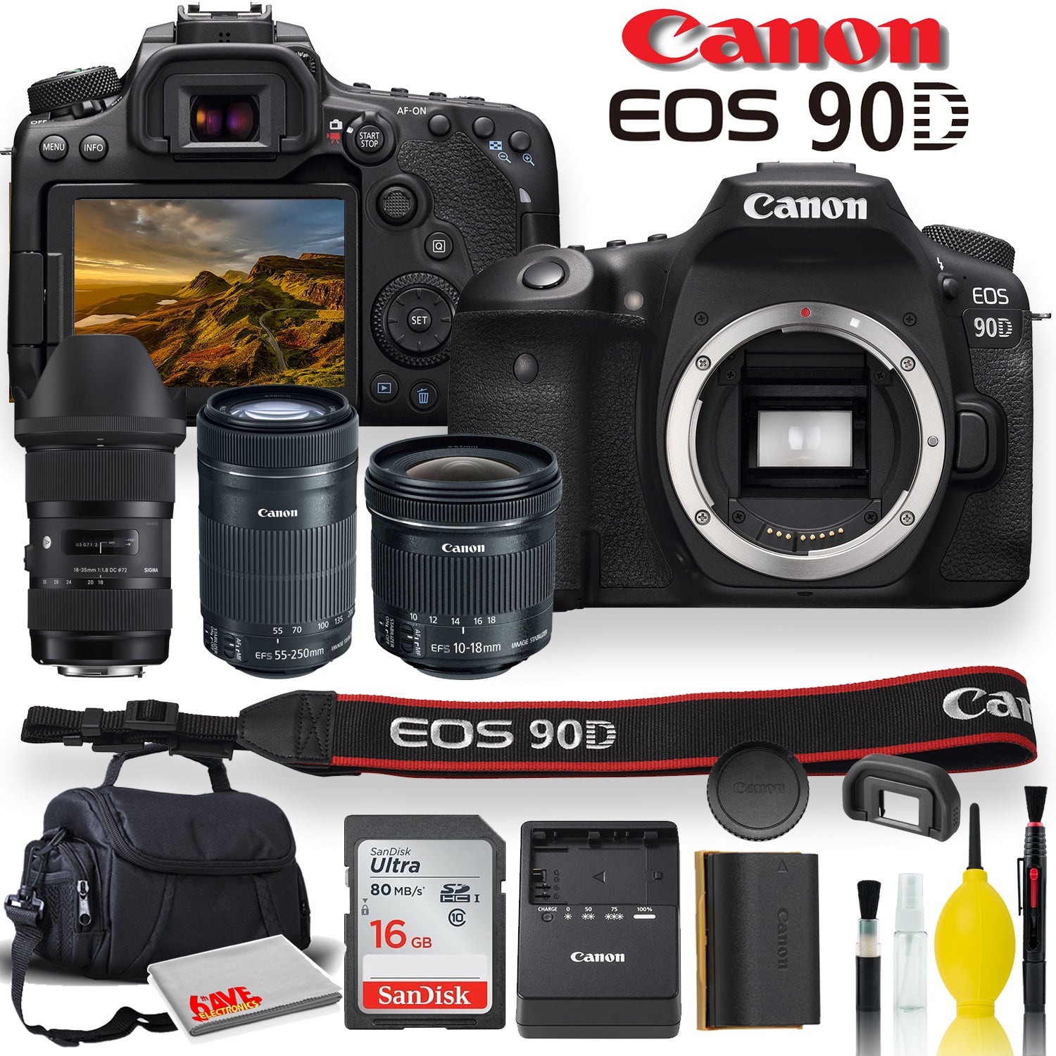 Canon EOS 90D DSLR Camera With Sigma 18-35mm, Canon EF-S 55-250mm, Canon EF-S 10-18mm, Soft Padded Case, Memory Card, and More - Triple Lens Set Canon