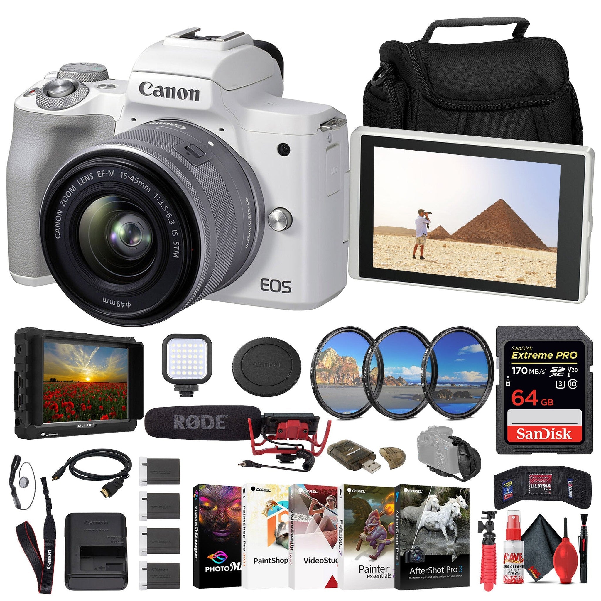 Canon EOS M50 Mark II Mirrorless Camera W/ 15-45mm Lens + 64GB Card Monitor Bundle Canon