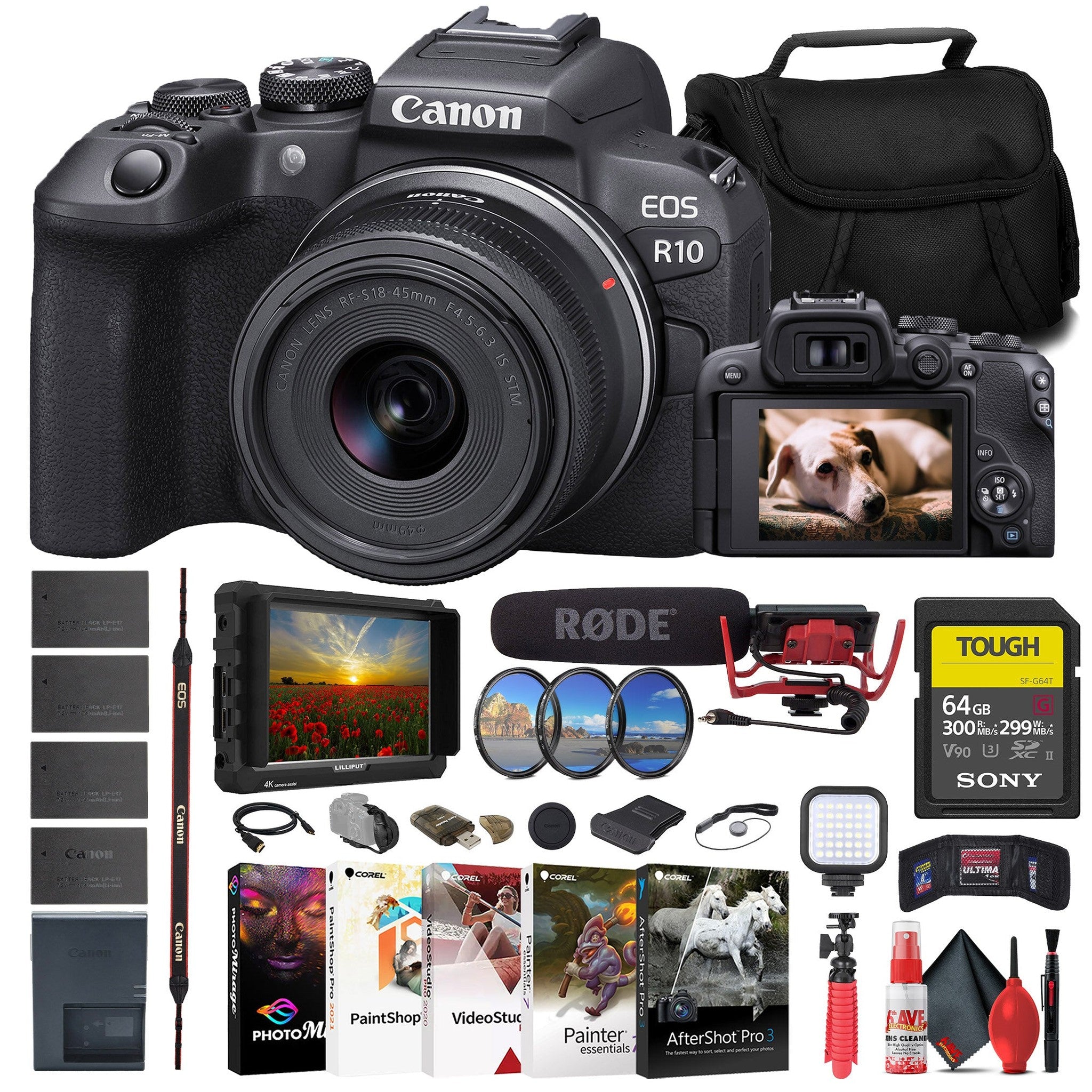 Canon EOS R10 Mirrorless Camera W/ 18-45mm Lens + 4K Monitor + VideoMic + More Canon