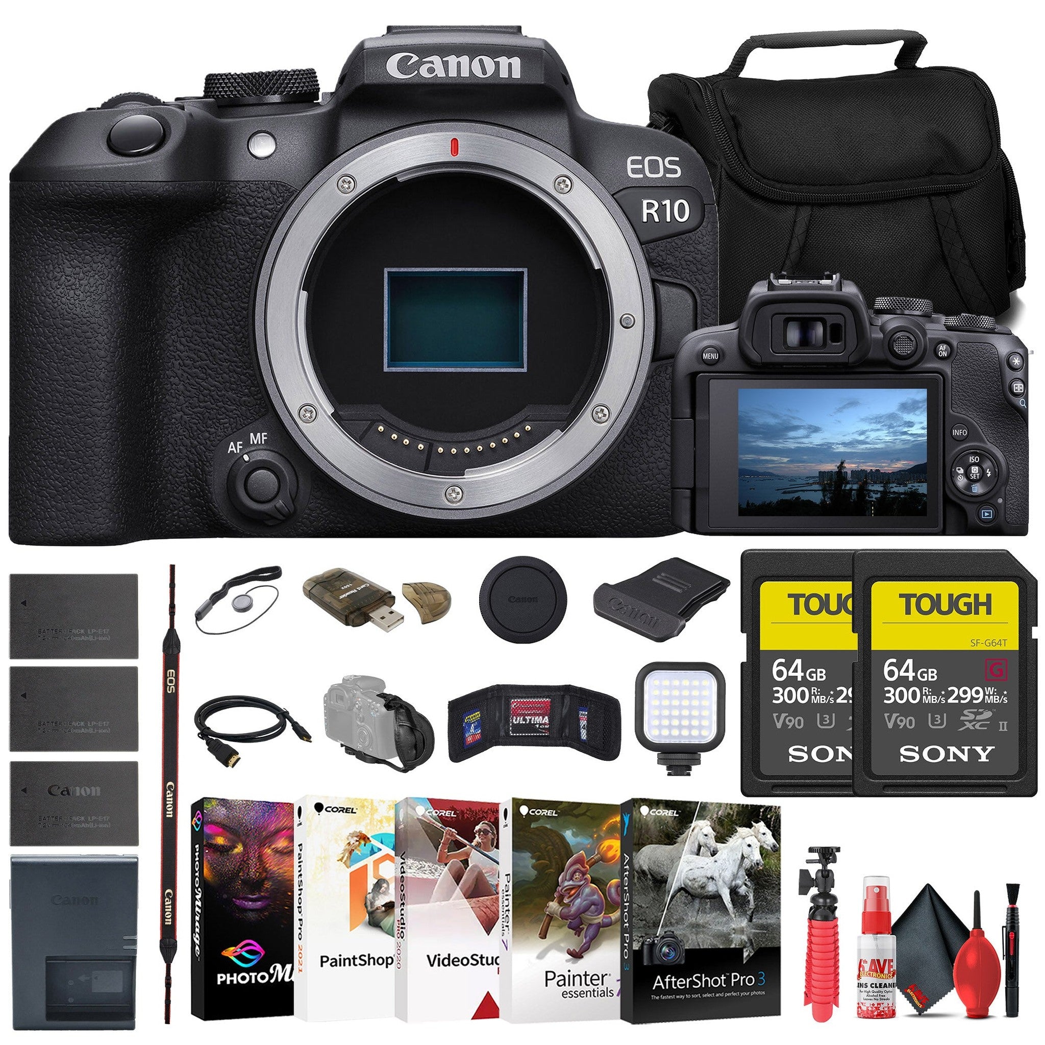 Canon EOS R10 Mirrorless Camera + 2 x Sony 64GB TOUGH SD Card + Bag + More Canon