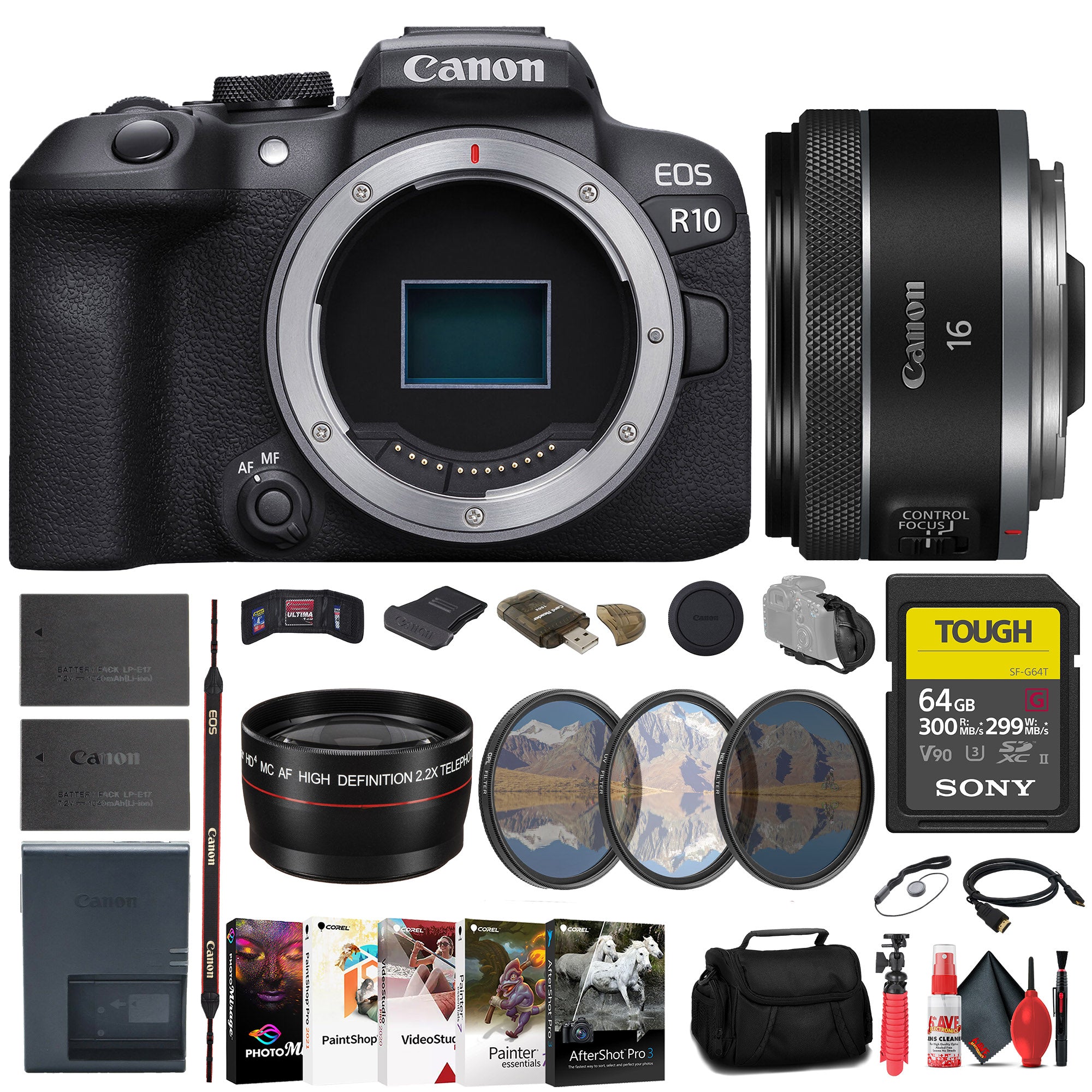 Canon EOS R10 Mirrorless Camera + Canon 16mm Lens + 64GB Card + More Canon