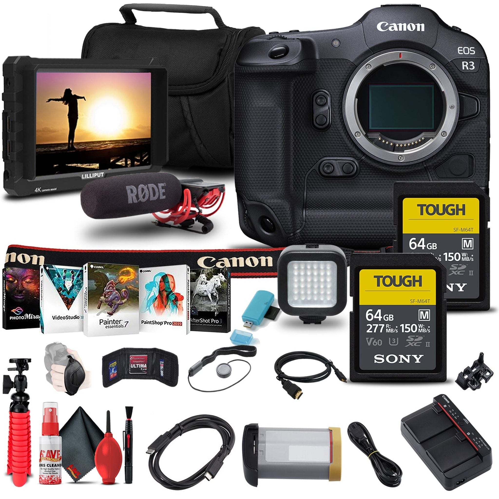 Canon EOS R3 Mirrorless Camera 4895C002 + 4K Monitor + VideoMic + More Bundle Canon