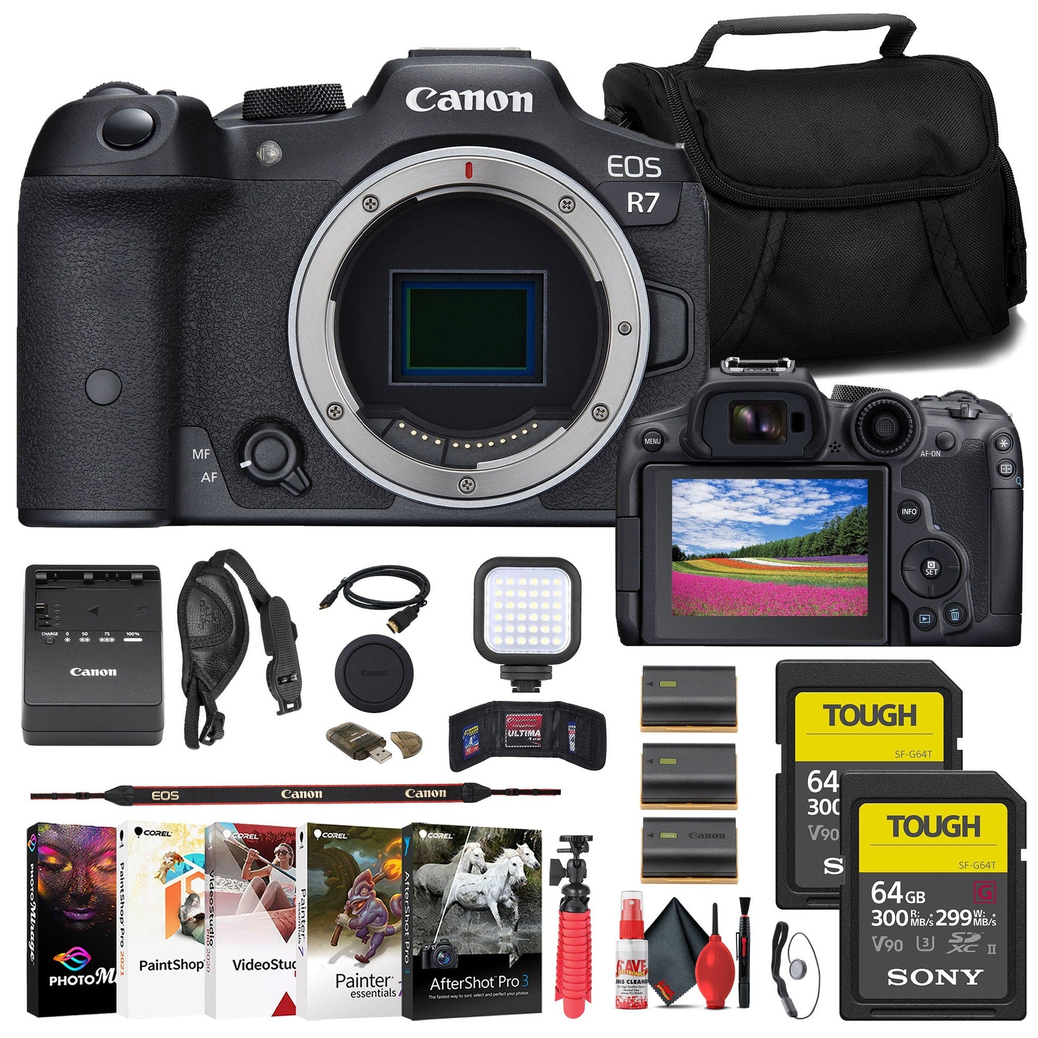 Canon EOS R7 Mirrorless Camera + 2 x Sony 64GB TOUGH SD Card + Bag + More Canon