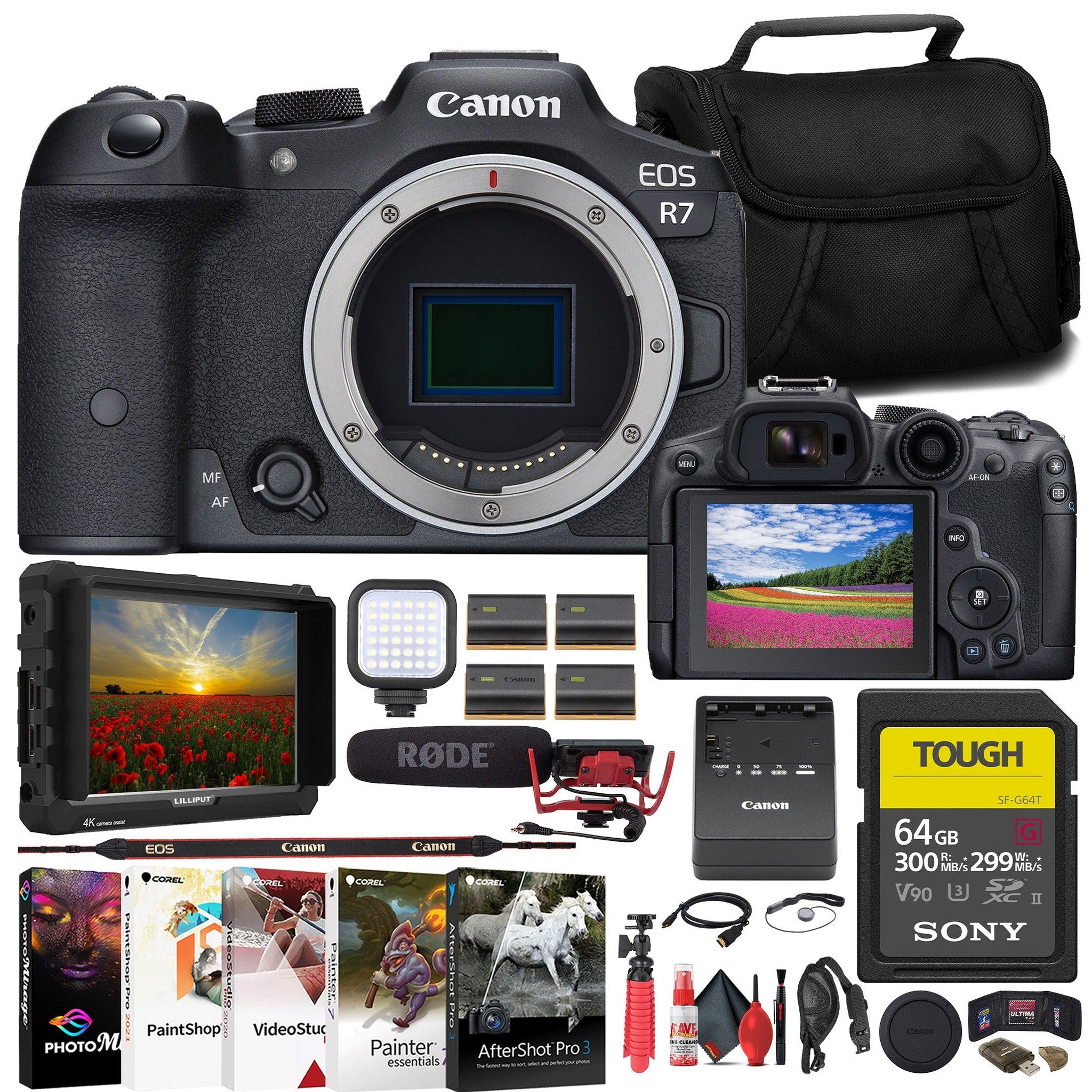 Canon EOS R7 Mirrorless Camera + 4K Monitor + Mic + 64GB TOUGH Card + Bag + More Canon