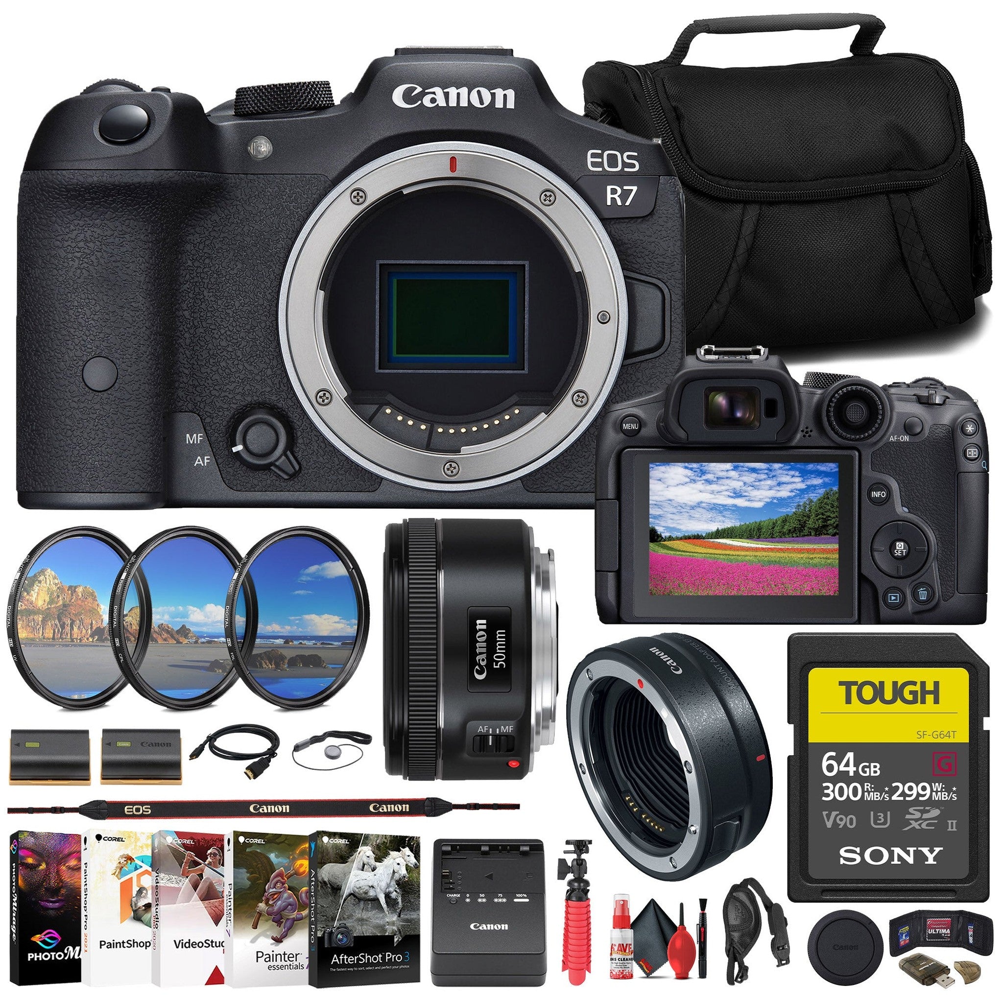 Canon EOS R7 Mirrorless Camera + Canon EF 50mm Lens + 64GB TOUGH Card + More Canon