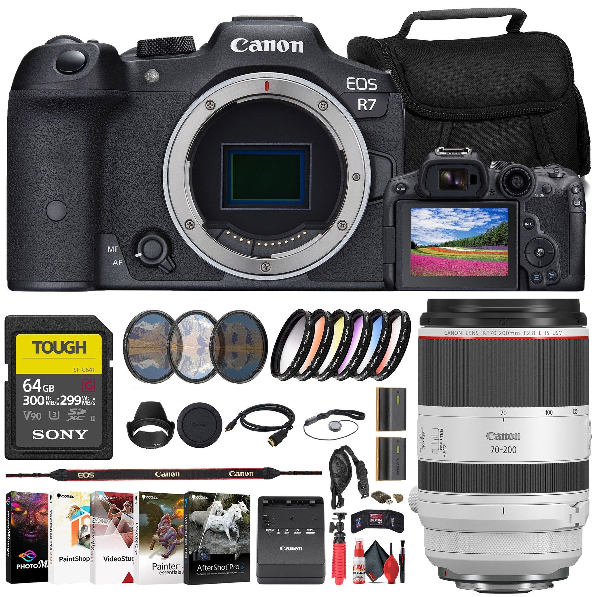 Canon EOS R7 Mirrorless Camera + Canon 70-200mm Lens + 64GB Card + Filter + More Canon