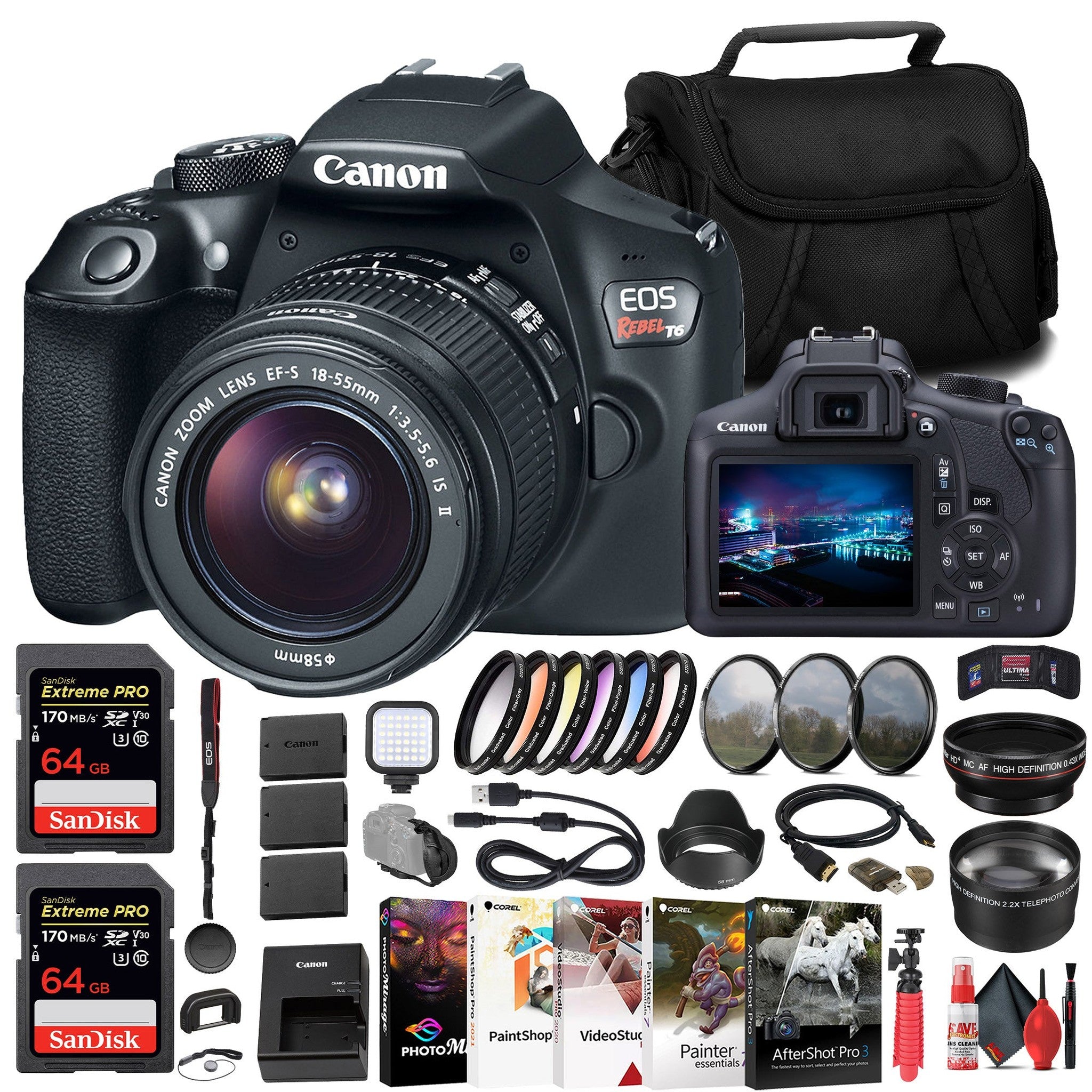 Canon EOS Rebel T6 DSLR Camera W/ 18-55mm Lens + 2 x 64GB Card + Filter + More Canon