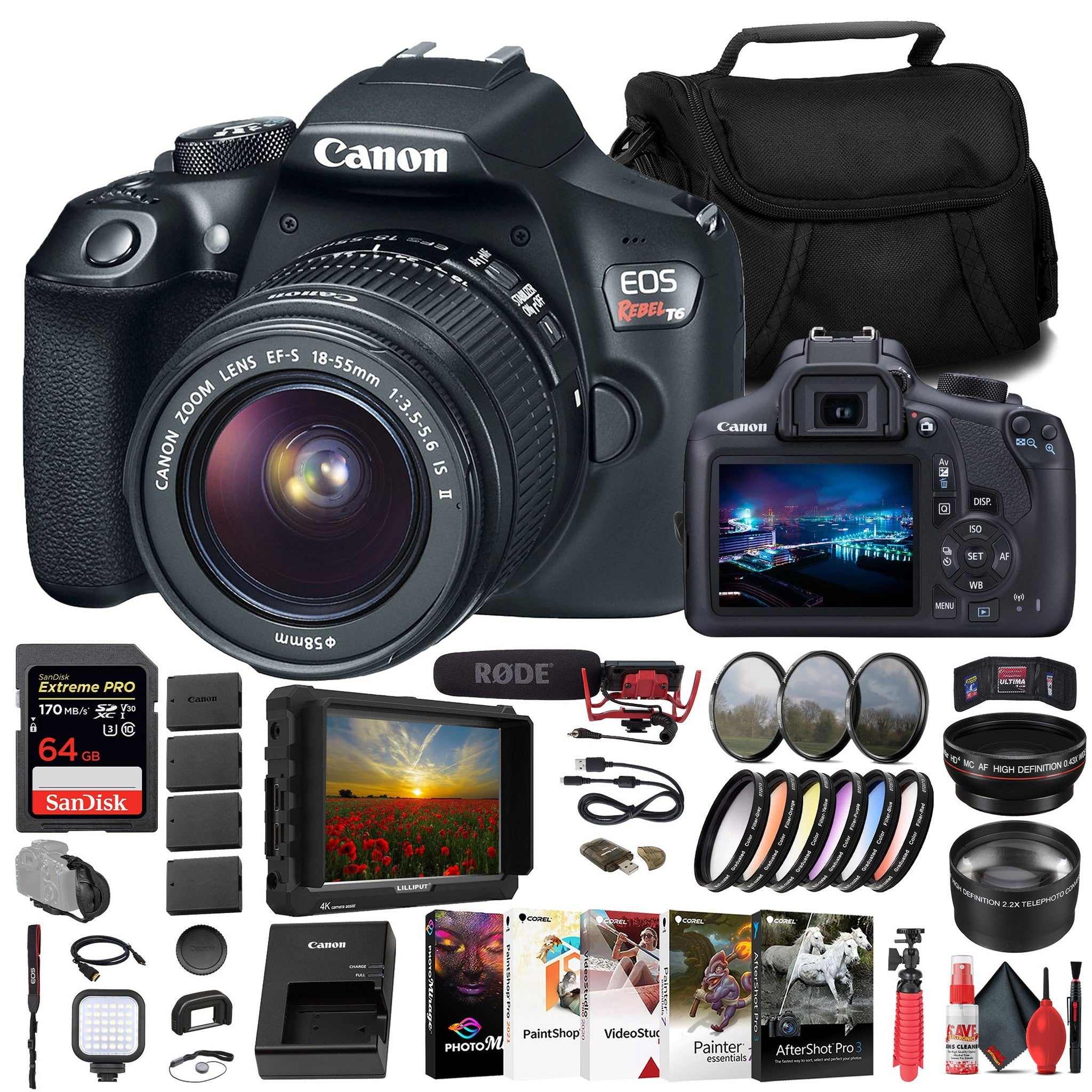 Canon EOS Rebel T6 DSLR Camera W/ 18-55mm Lens + Monitor + Mic + 64GB Card + More Canon