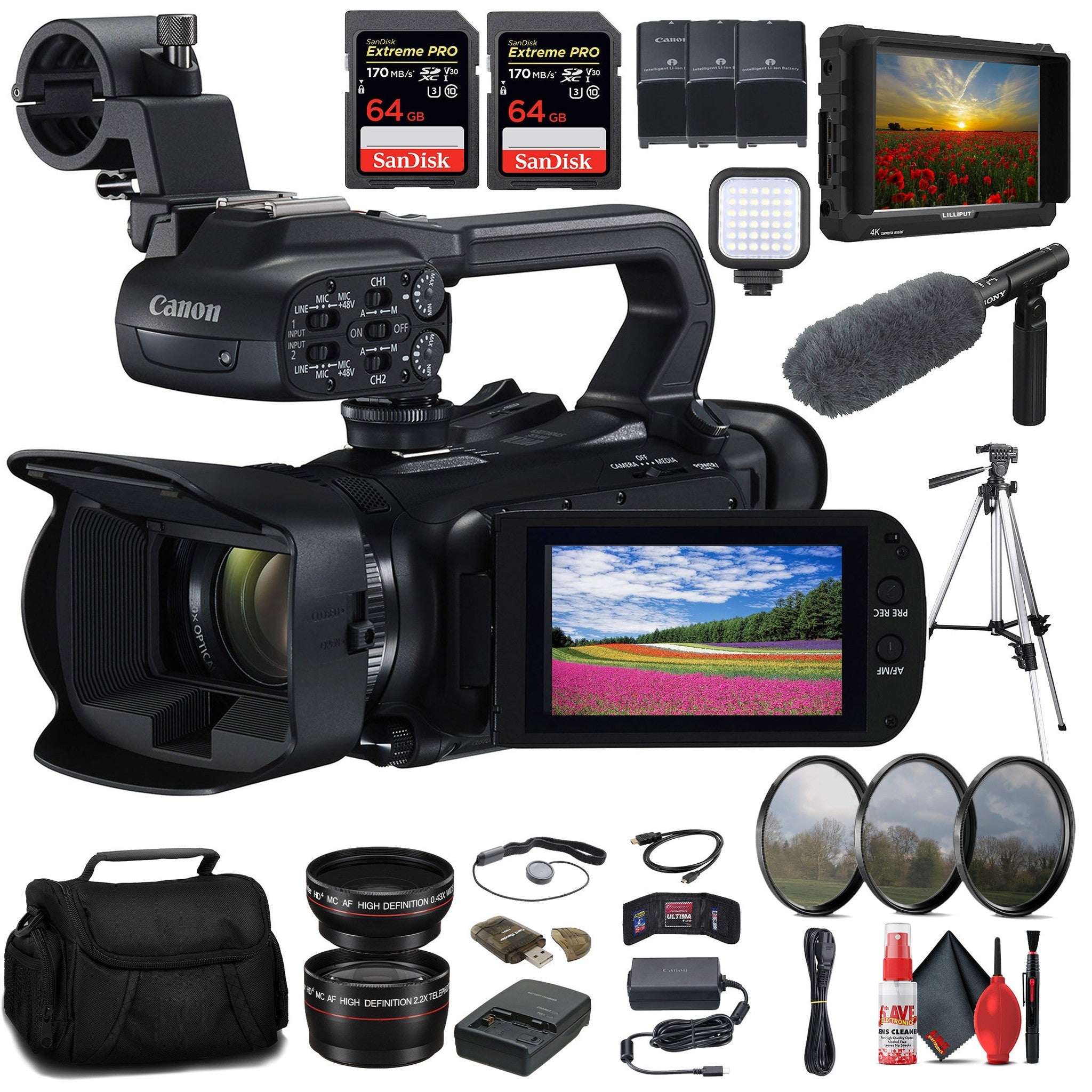 Canon XA65 Professional UHD 4K Camcorder + 4K Monitor + Pro Mic + 2 x 64GB + More Canon