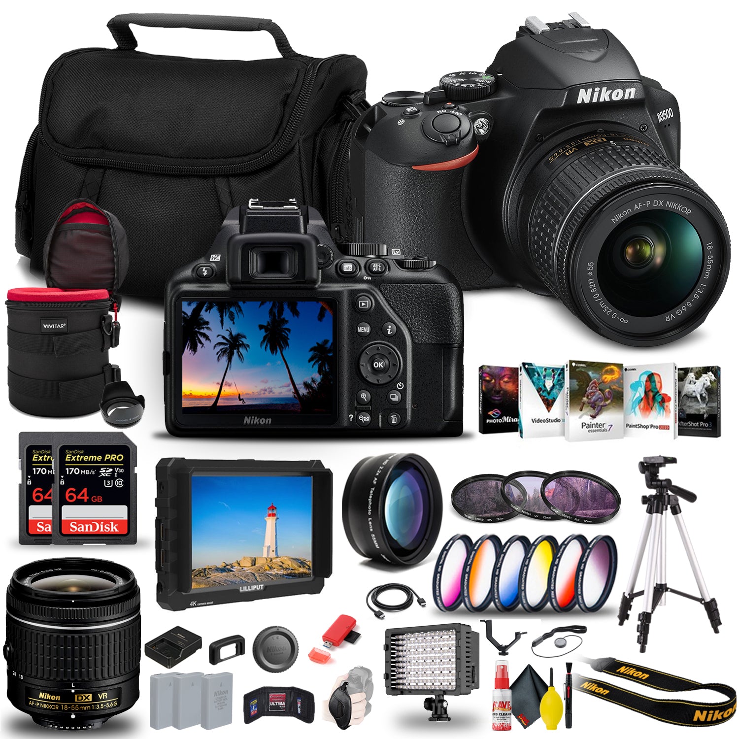 Nikon D3500 DSLR Camera with 18-55mm Lens 1590 + 4K Monitor + 2 x 64GB Extreme Pro Card Tripod Bundle Nikon