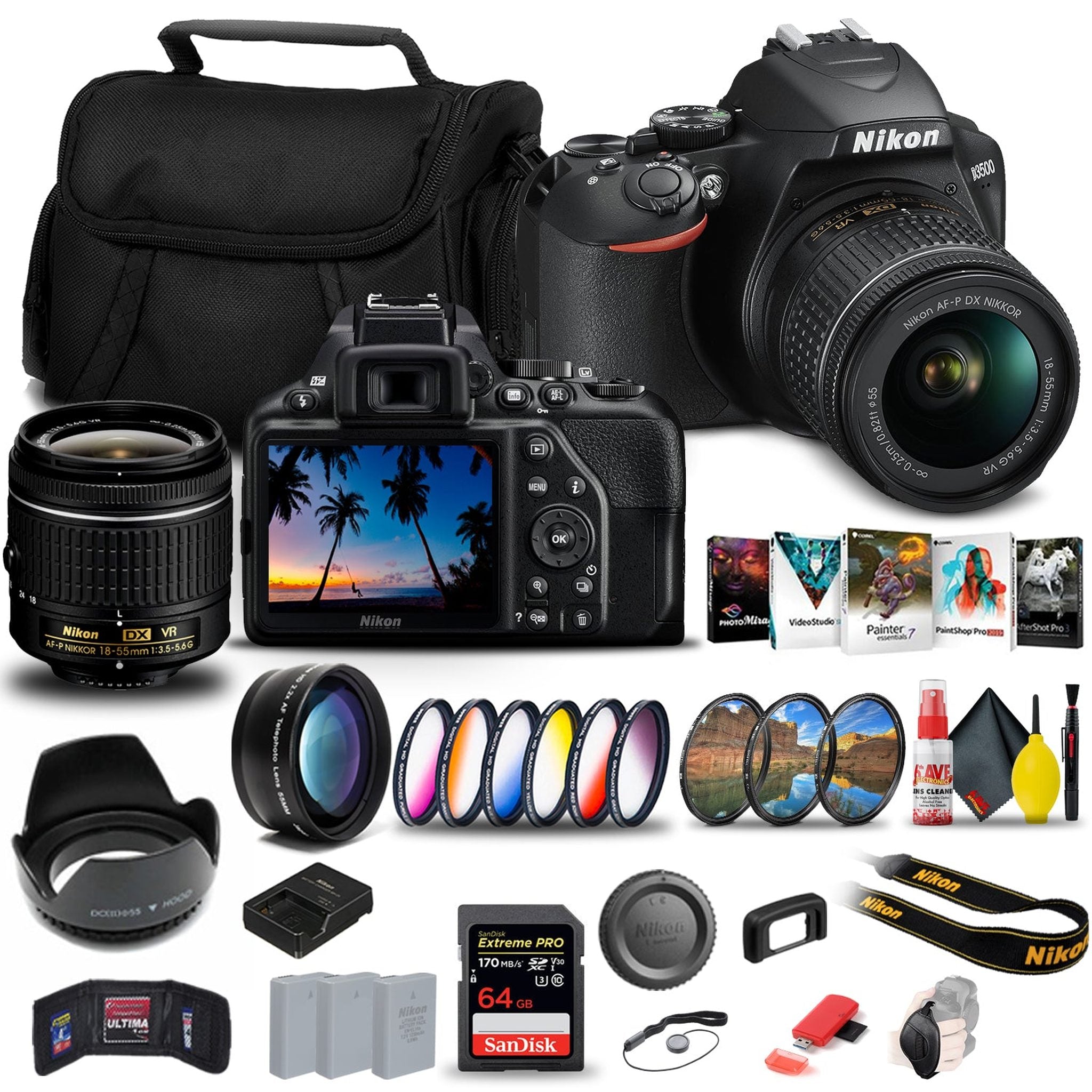 Nikon D3500 DSLR Camera with 18-55mm Lens 1590 + 64GB Extreme Pro Card Extreme Bundle Nikon