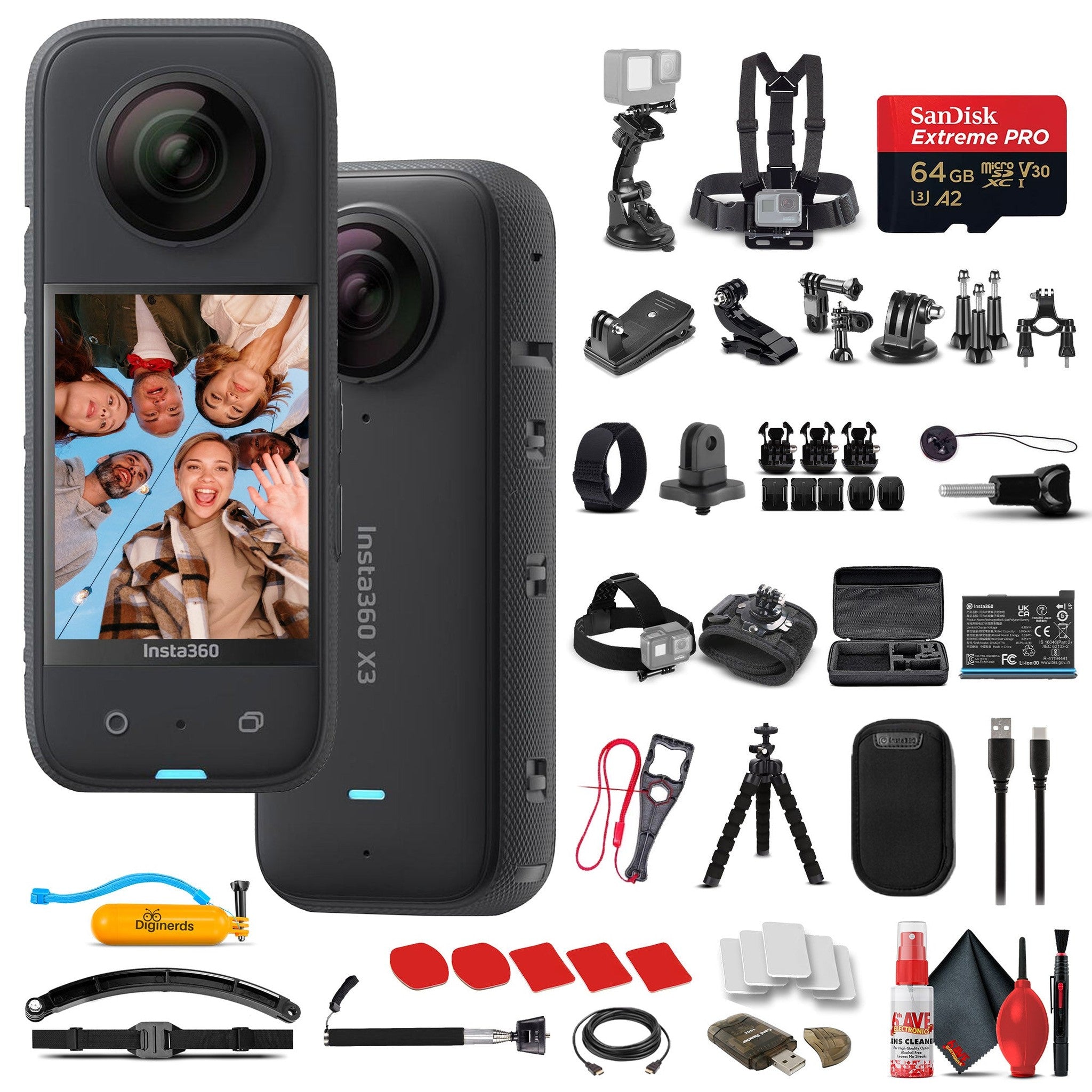 Insta360 X3 - Waterproof 360 Camera + 50-in-1 Accessory Kit + 64GB Card Bundle Insta360