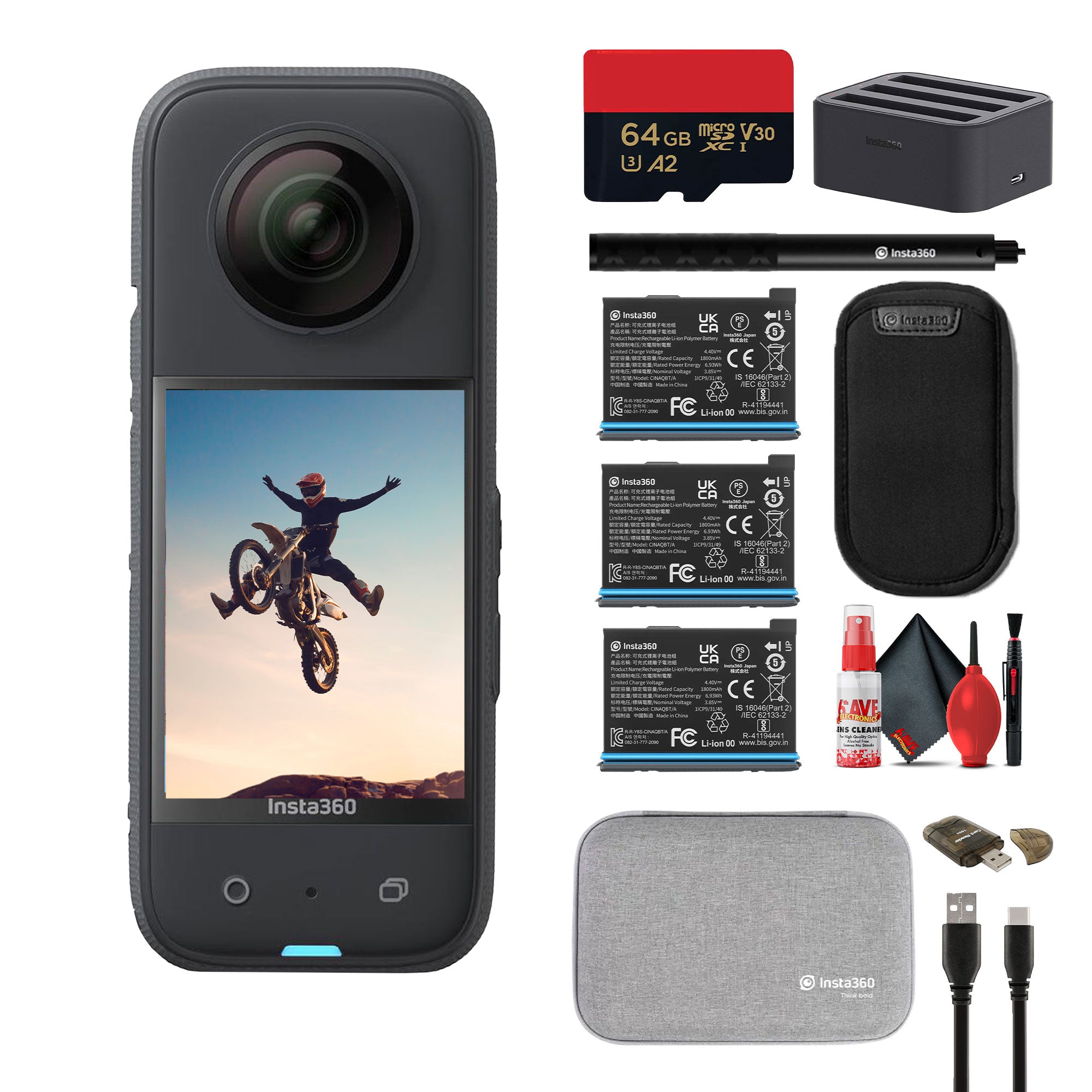 Insta360 X3 - Waterproof 360 Action Camera + 2 Extra Batteries + Charger + More Insta360