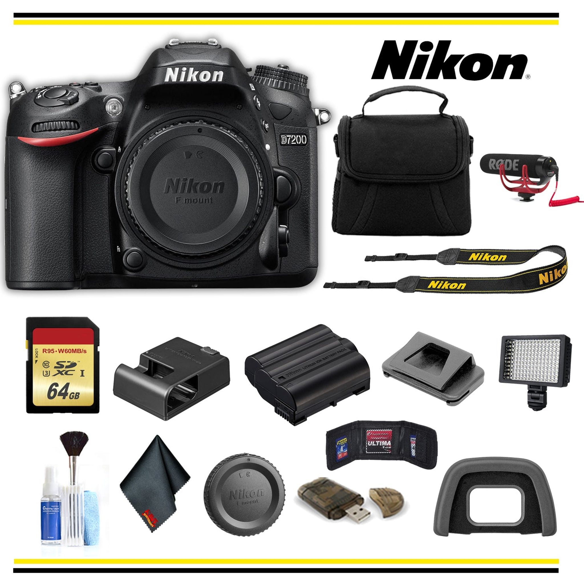 Nikon D7200 DSLR Camera 1554 Advanced Bundle W/ Bag, Extra Battery, LED Light, Mic, and More - International Model Nikon