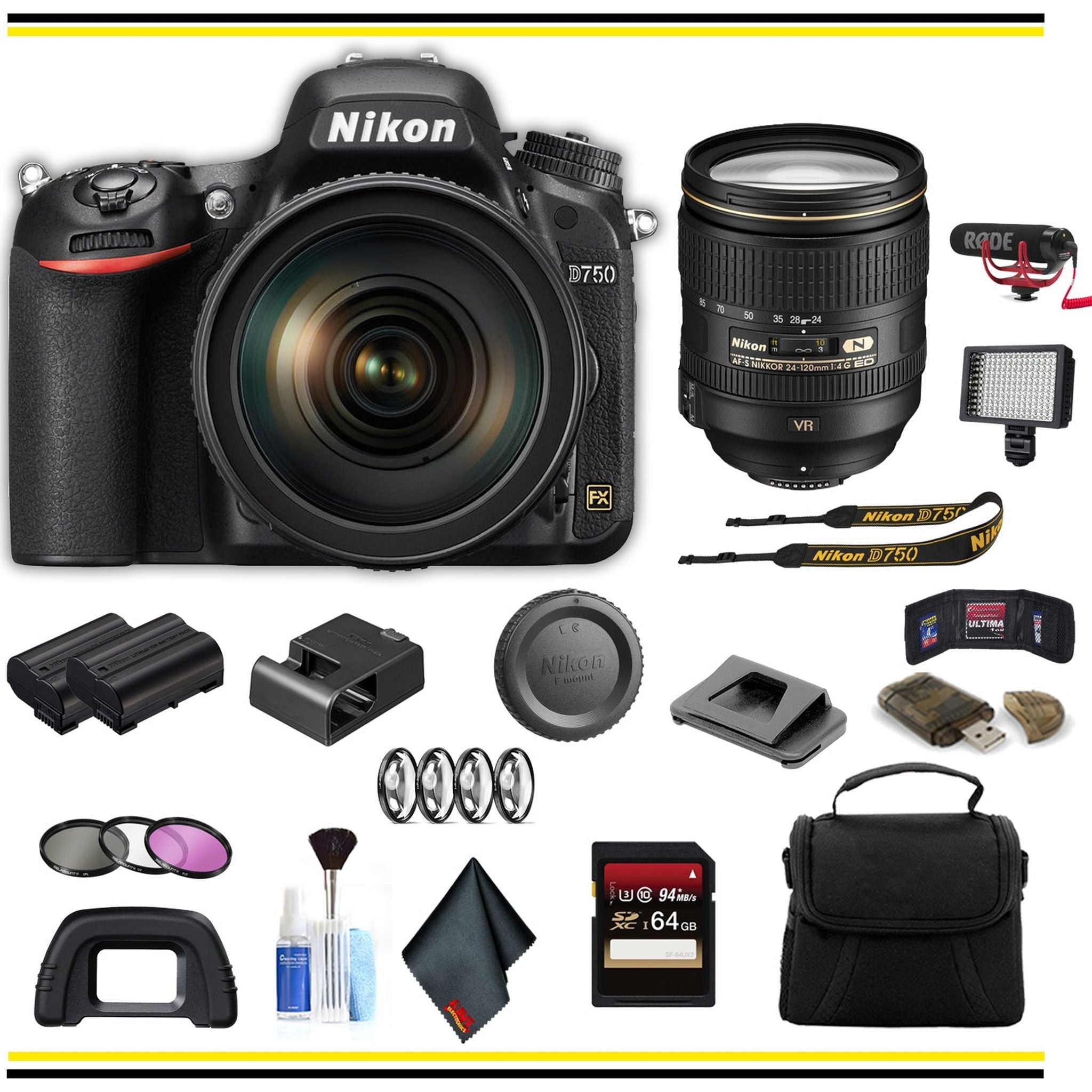 Nikon D750 DSLR Camera with 24-120mm Lens 1549 Advanced Bundle W/ Bag, Extra Battery, LED Light, Mic, Filters and More- International Model Nikon