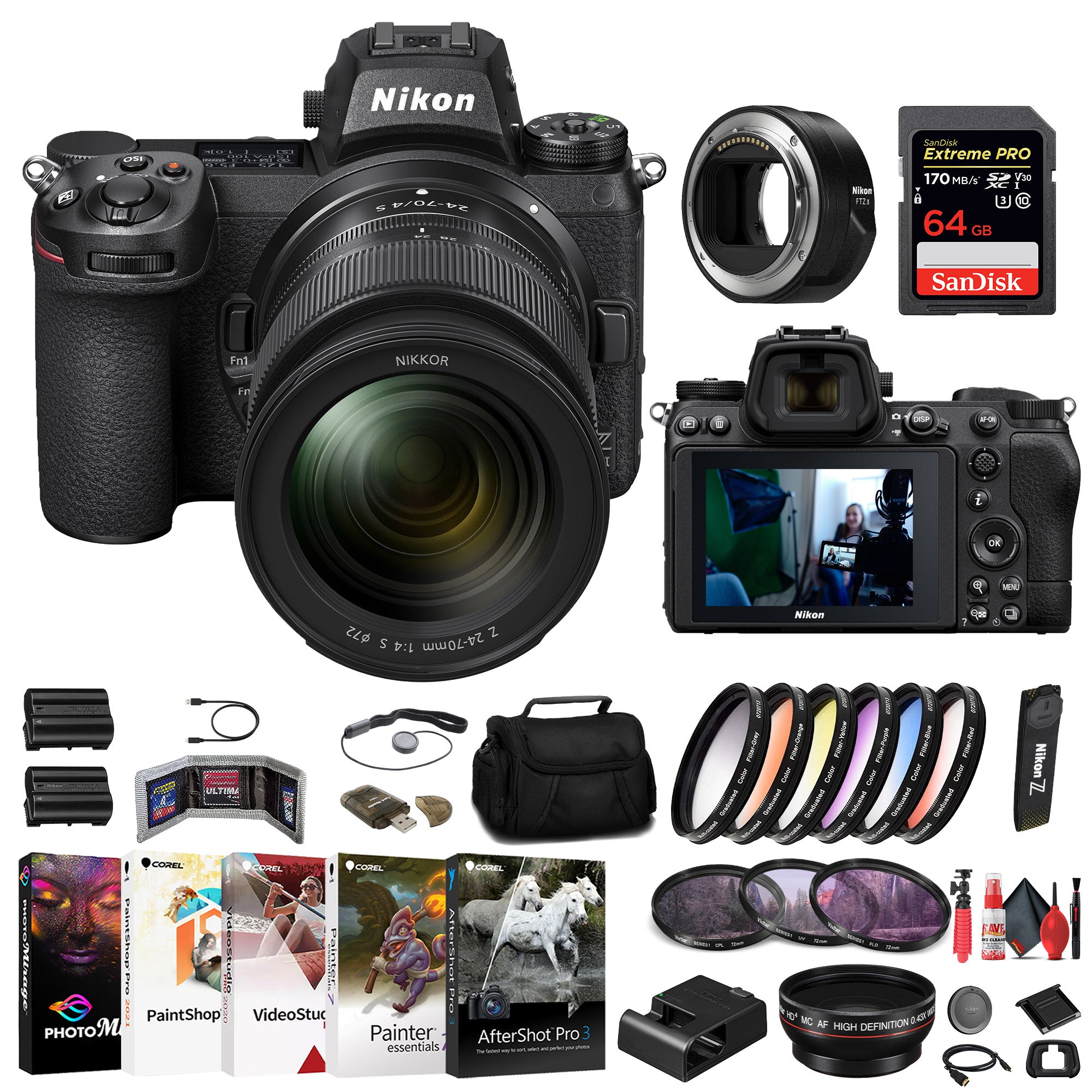 Nikon Z7 II Mirrorless Camera W/ 24-70mm Lens + FTZ II Adapter + 64GB Card + More Nikon