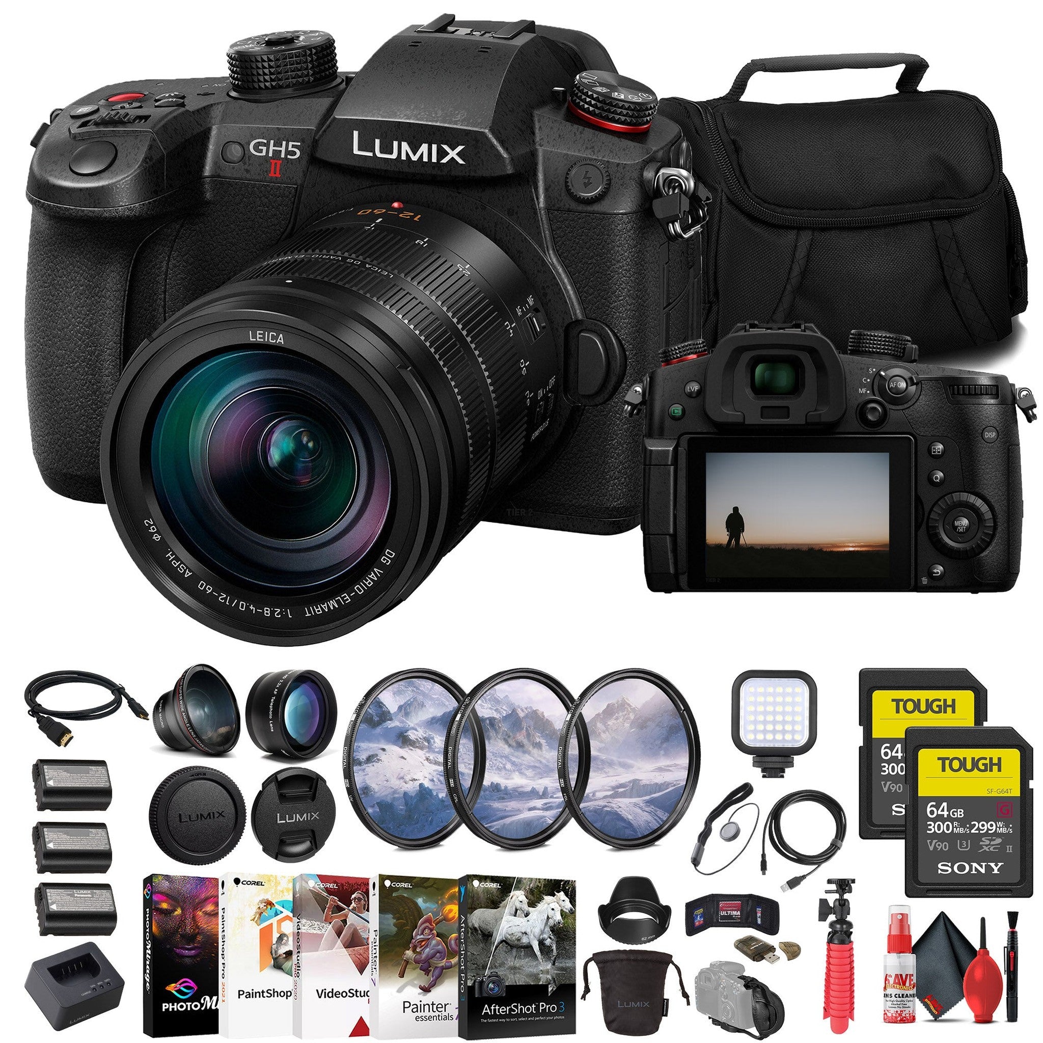 Panasonic Lumix GH5 II Mirrorless Camera W/ 12-60mm Lens + 2 x 64GB Card + More Panasonic