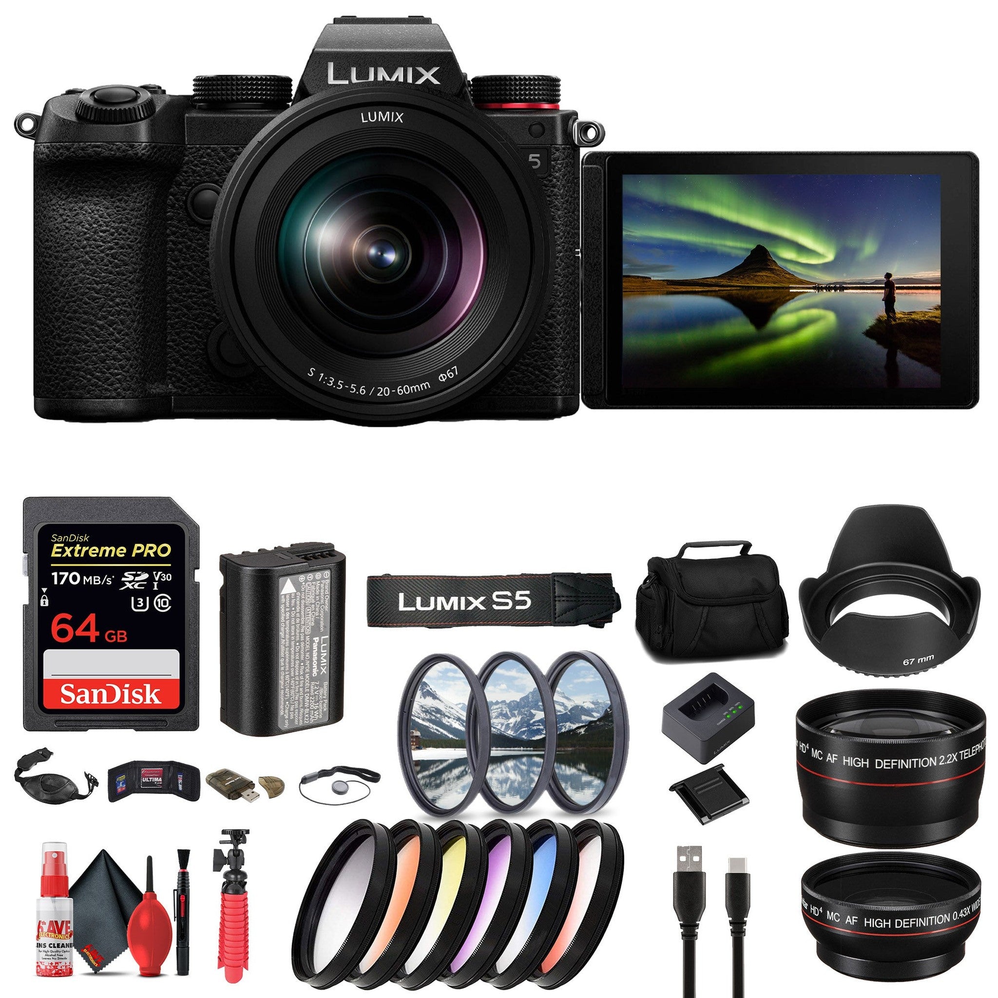 Panasonic Lumix S5 Mirrorless Camera with 20-60mm Lens + 64GB Memory Card Basic bundle Panasonic