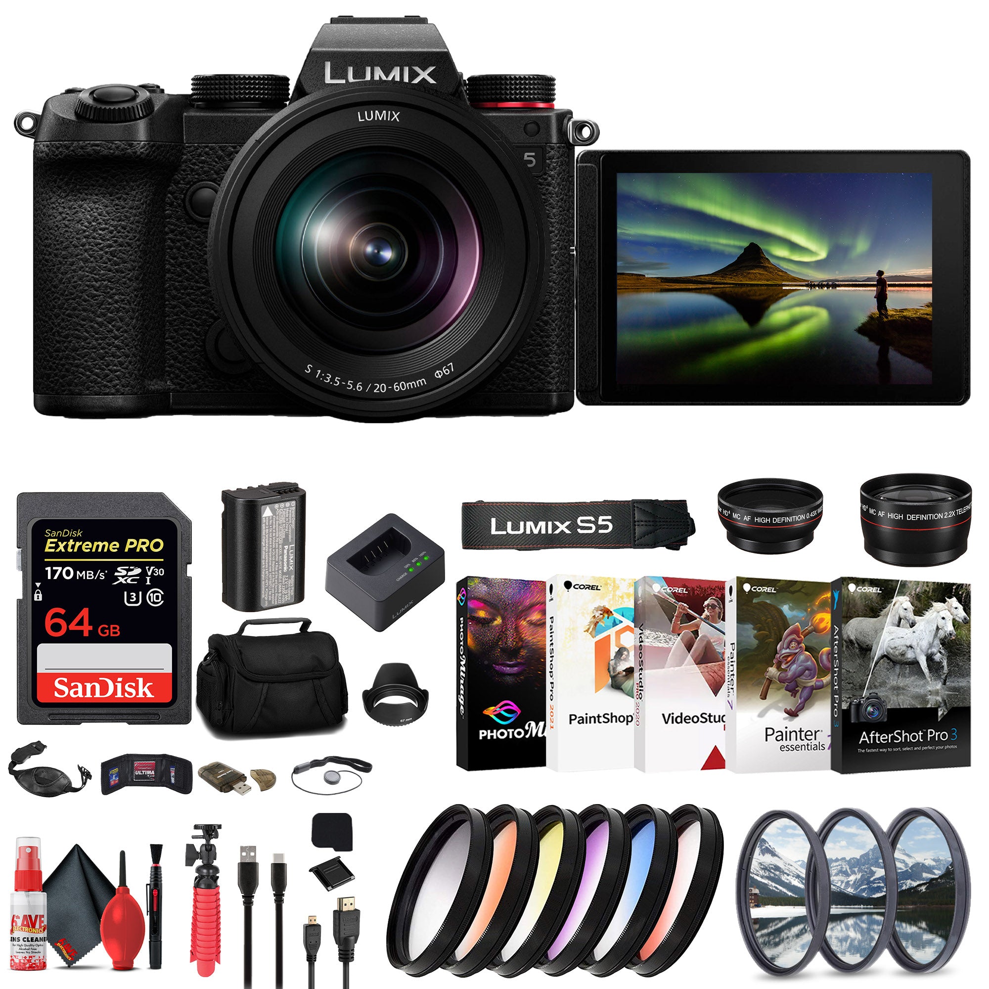 Panasonic Lumix S5 Mirrorless Camera with 20-60mm Lens + 64GB Memory Card Graphic Bundle Panasonic