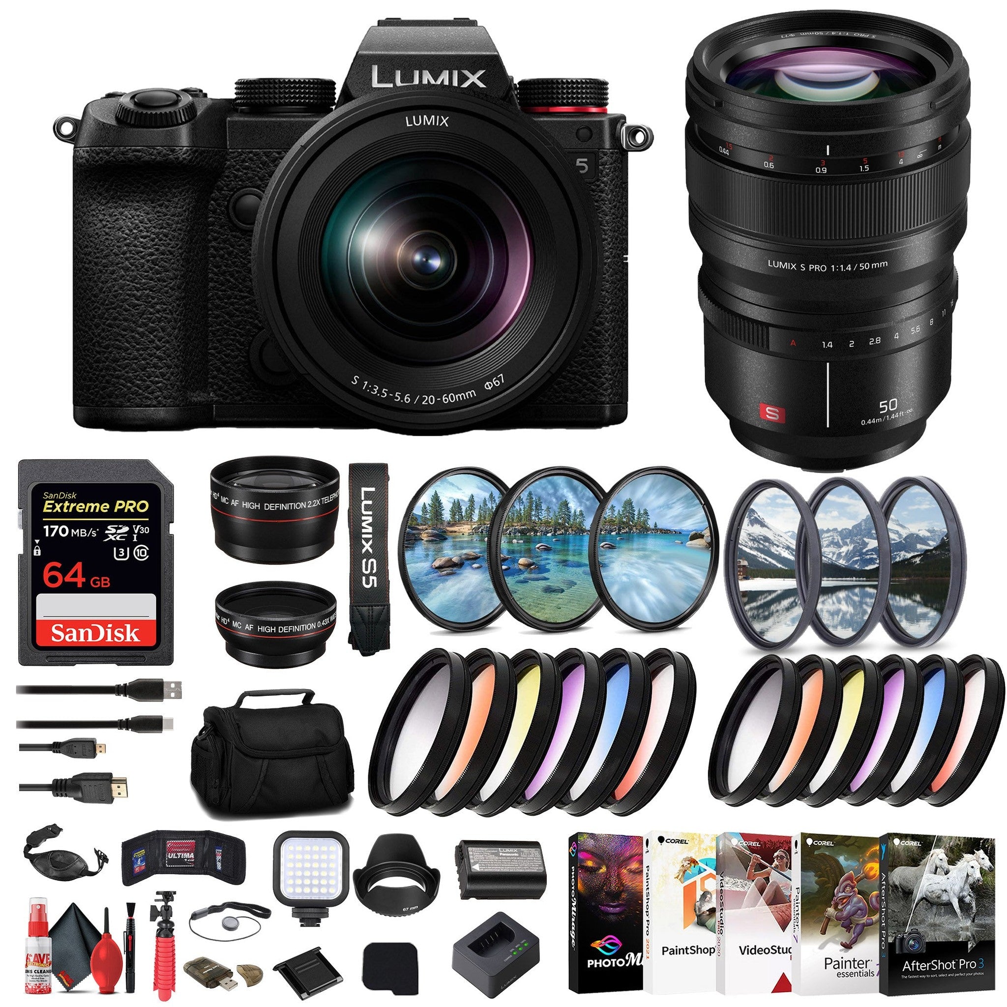 Panasonic Lumix S5 Mirrorless Camera with 20-60mm Lens + Panasonic Lens Pro Bundle Panasonic