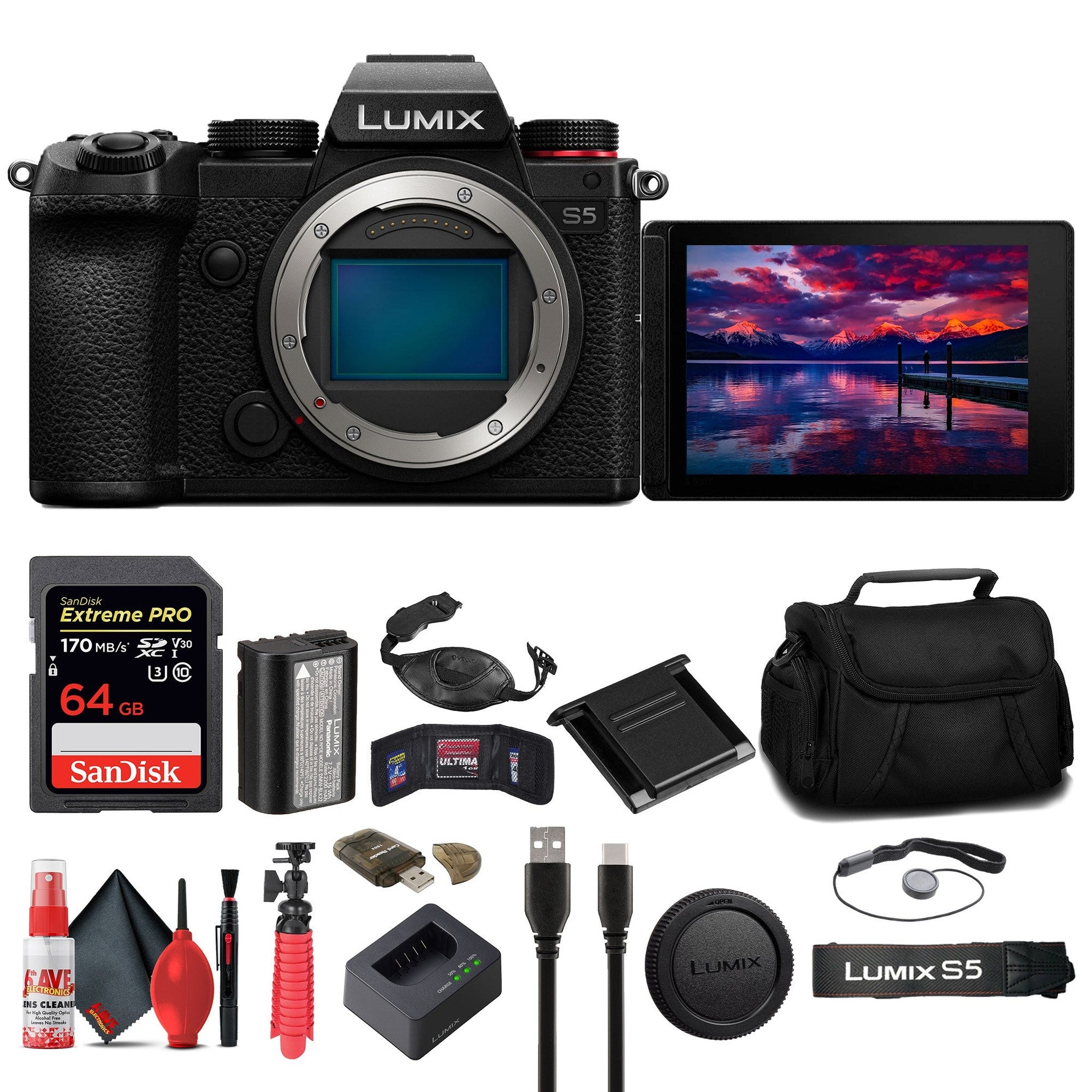 Panasonic Lumix S5 Mirrorless Camera + 64GB Memory Card + Bag Basic Bundle Panasonic