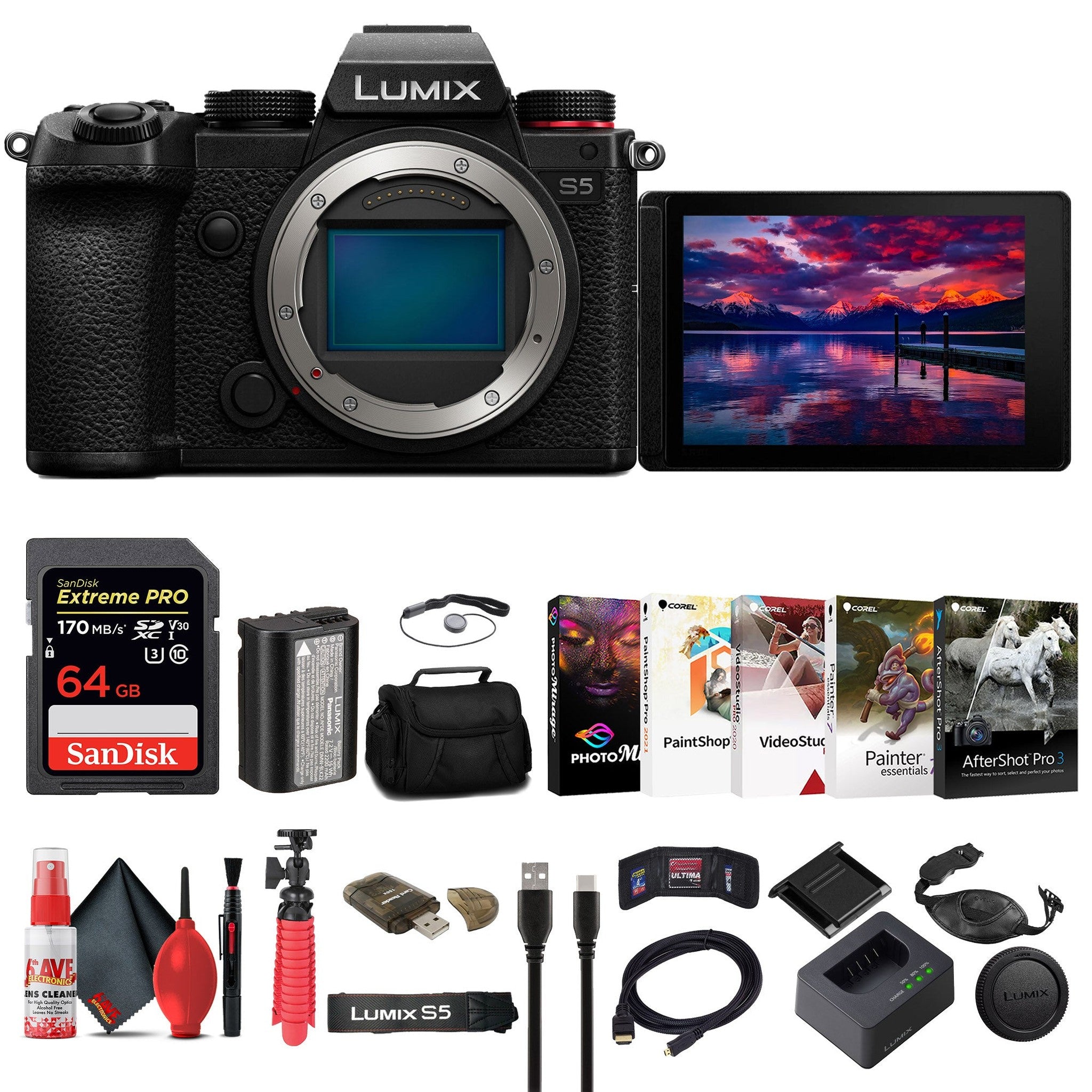 Panasonic Lumix S5 Mirrorless Camera + 64GB Memory Card + Bag Graphic Bundle Panasonic