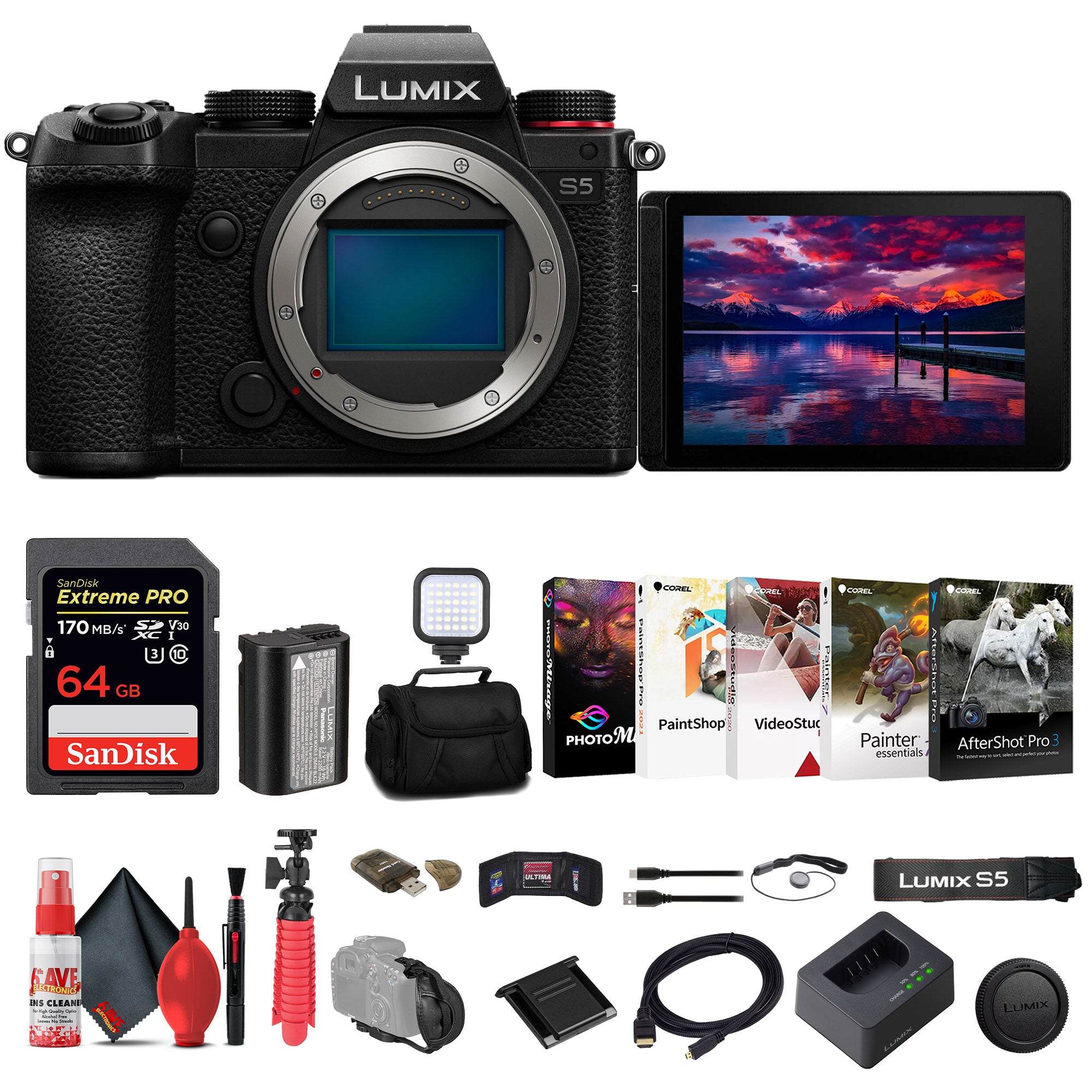 Panasonic Lumix S5 Mirrorless Camera + 64GB Memory Card + Bag Advanced Bundle Panasonic