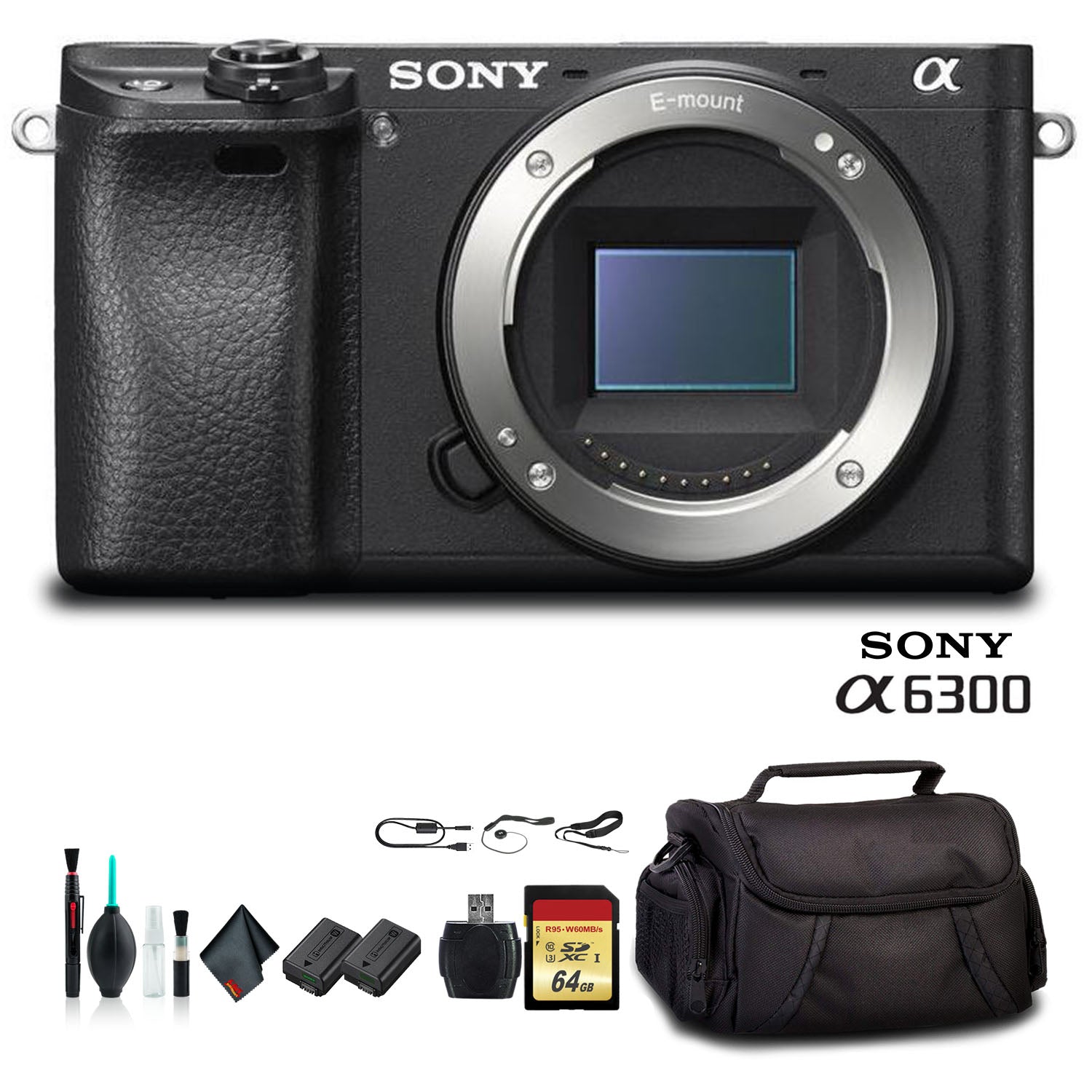 Sony Alpha a6300 Mirrorless Camera Black ILCE6300/B With Soft Bag, Additional Battery, 64GB Memory Card, Card Reader , Plus Essential Accessories Sony