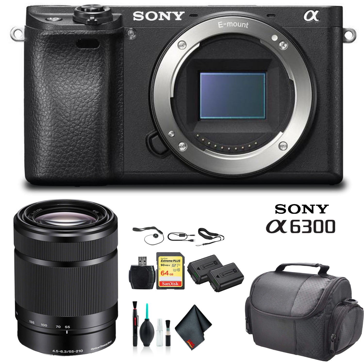 Sony Alpha a6300 Mirrorless Camera Black ILCE6300/B With Sony 55-210mm Lens, Soft Bag, Additional Battery, 64GB Memory Card, Card Reader , Plus Essential Accessories Sony