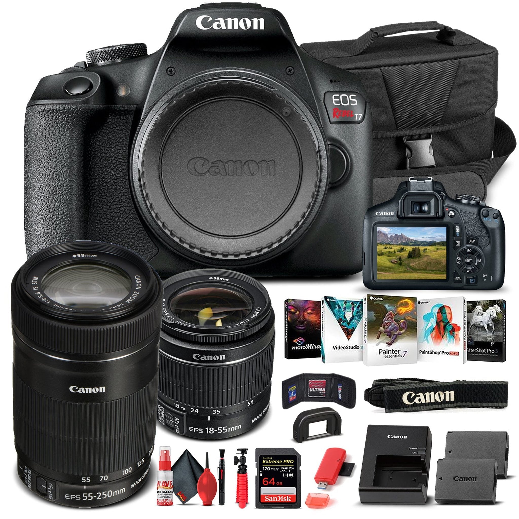 Canon EOS Rebel T7 Camera W/ 18-55mm and EF-S 55-250mm Lens - Basic Bundle Canon