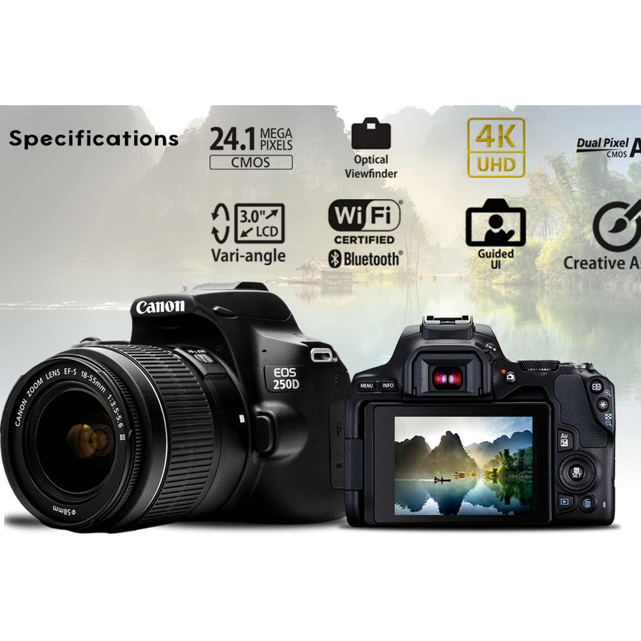 Canon EOS 250D / Rebel SL3 DSLR Camera with 18-55mm Lens Black + Creative Filter Set, EOS Camera Bag + Sandisk Ultra 64GB Card Canon