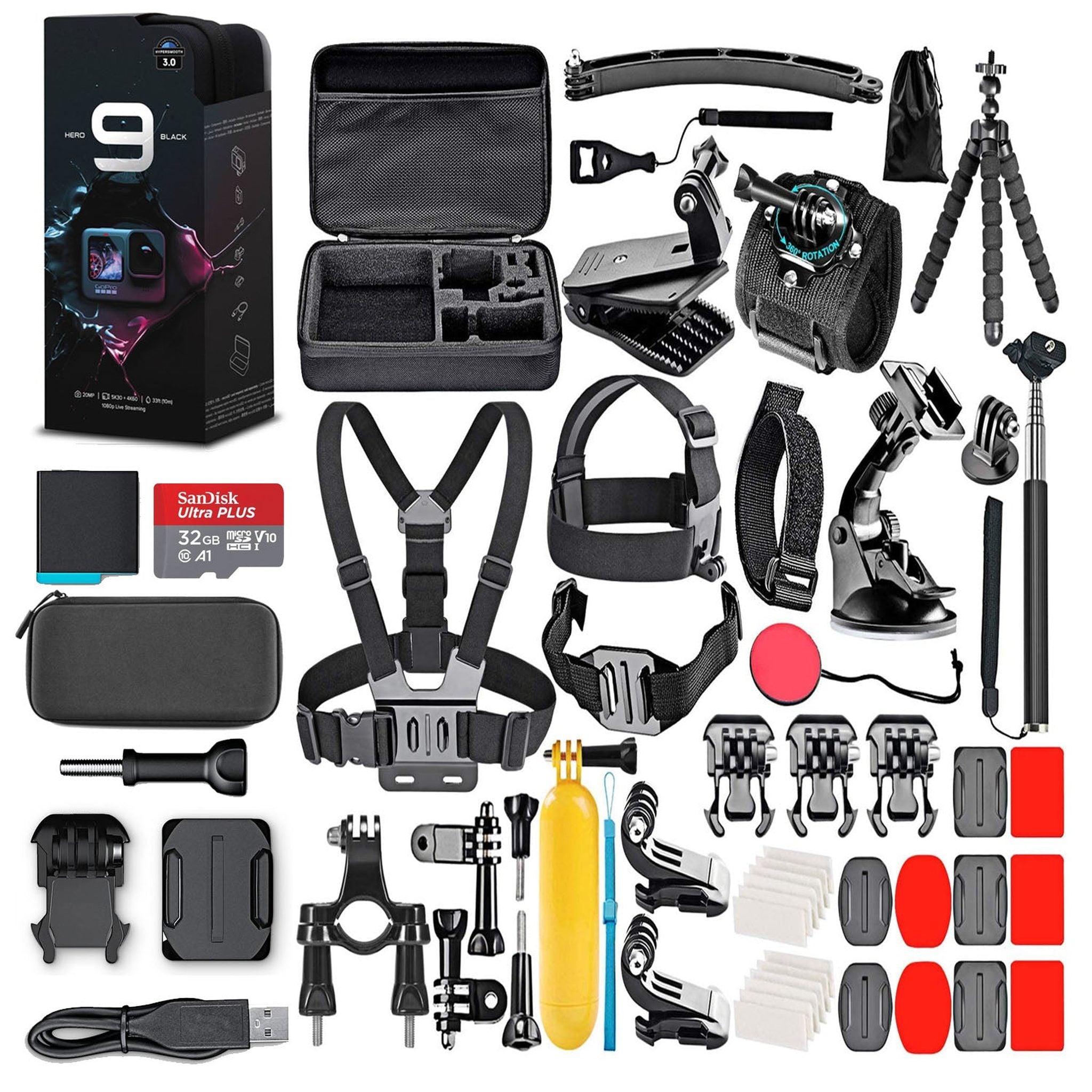 GoPro HERO9 Black with 64GB Card & 50 Piece Accessory Kit Base Bundle GoPro