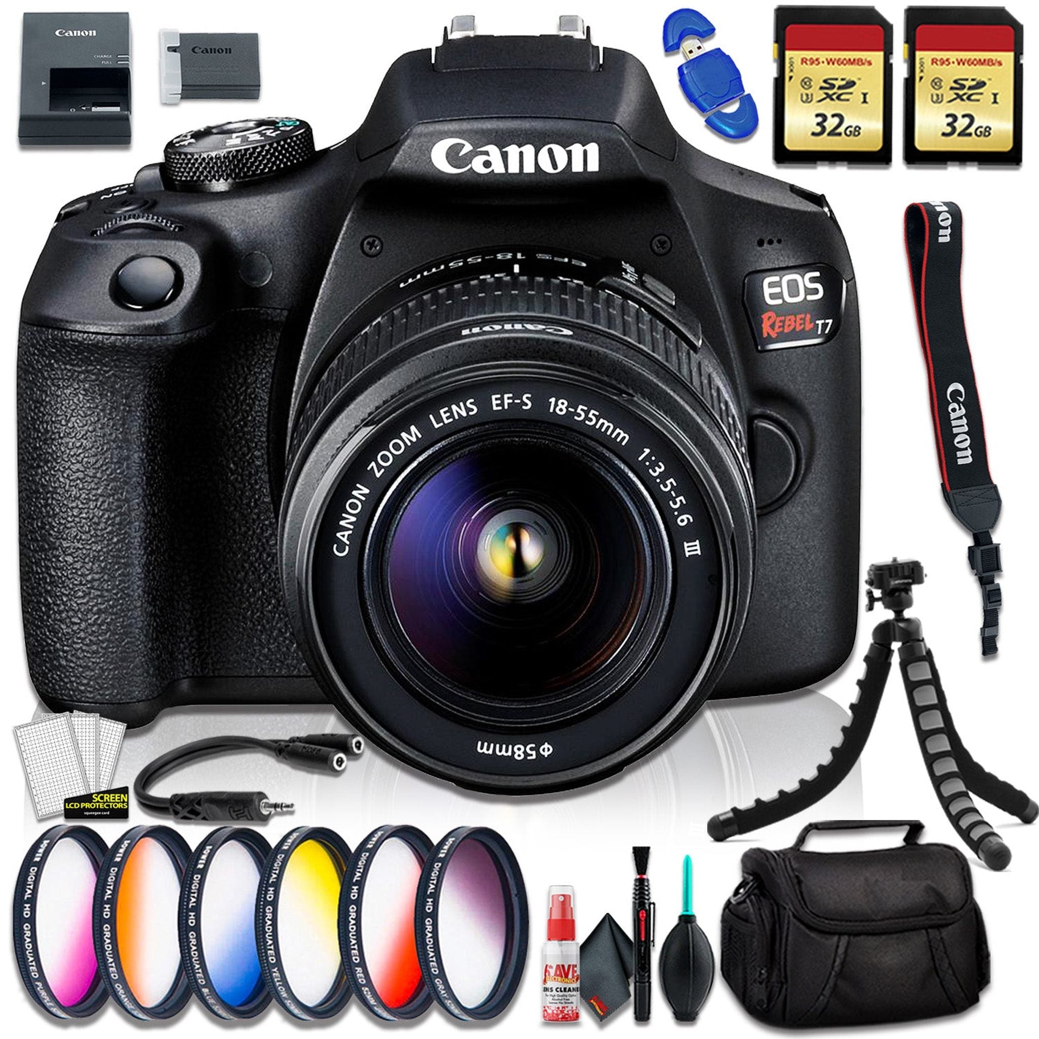 Canon EOS Rebel T7 DSLR Camera with 18-55mm DC III Lens, Camera Bag, Filter Kit + 32gb Memory Card and More Canon