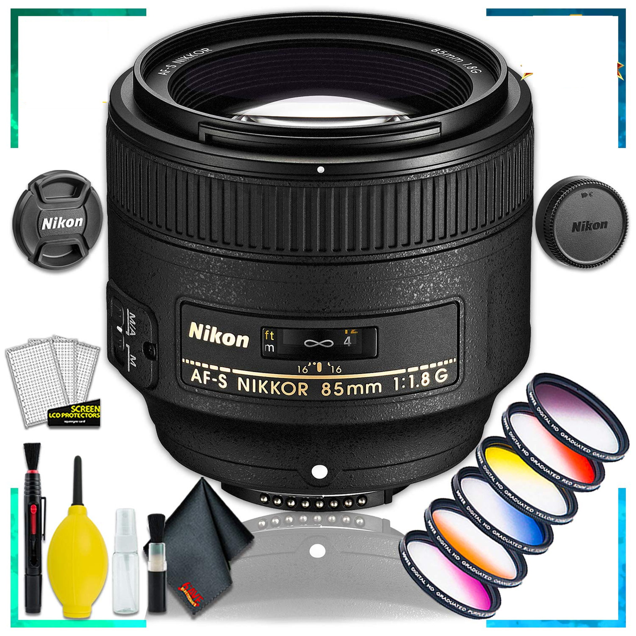 Nikon 85MM f.1.8G AF-S Lens Intl Model + Vivitar Graduated Color Filter Set + Cleaning Kit Nikon