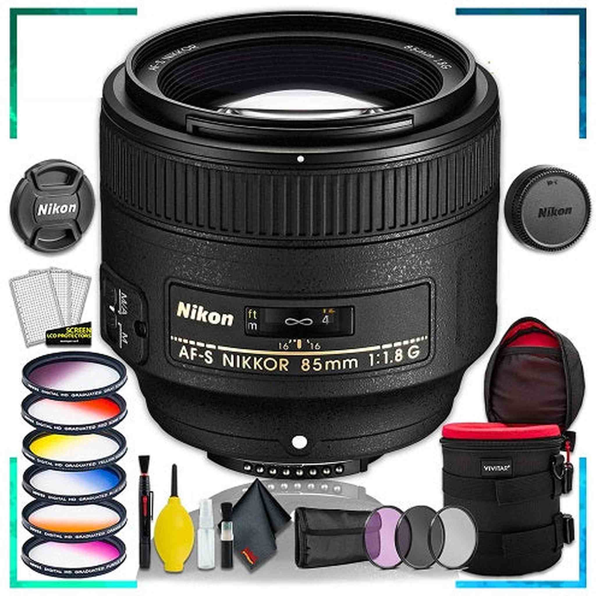 Nikon 85MM f.1.8G AF-S Lens Intl Model + 4.5 inch Vivitar Premium Lens Case + Vivitar Graduated Color Filter Set + 3pcs UV Lens Filter Kit + Cleaning Kit Nikon