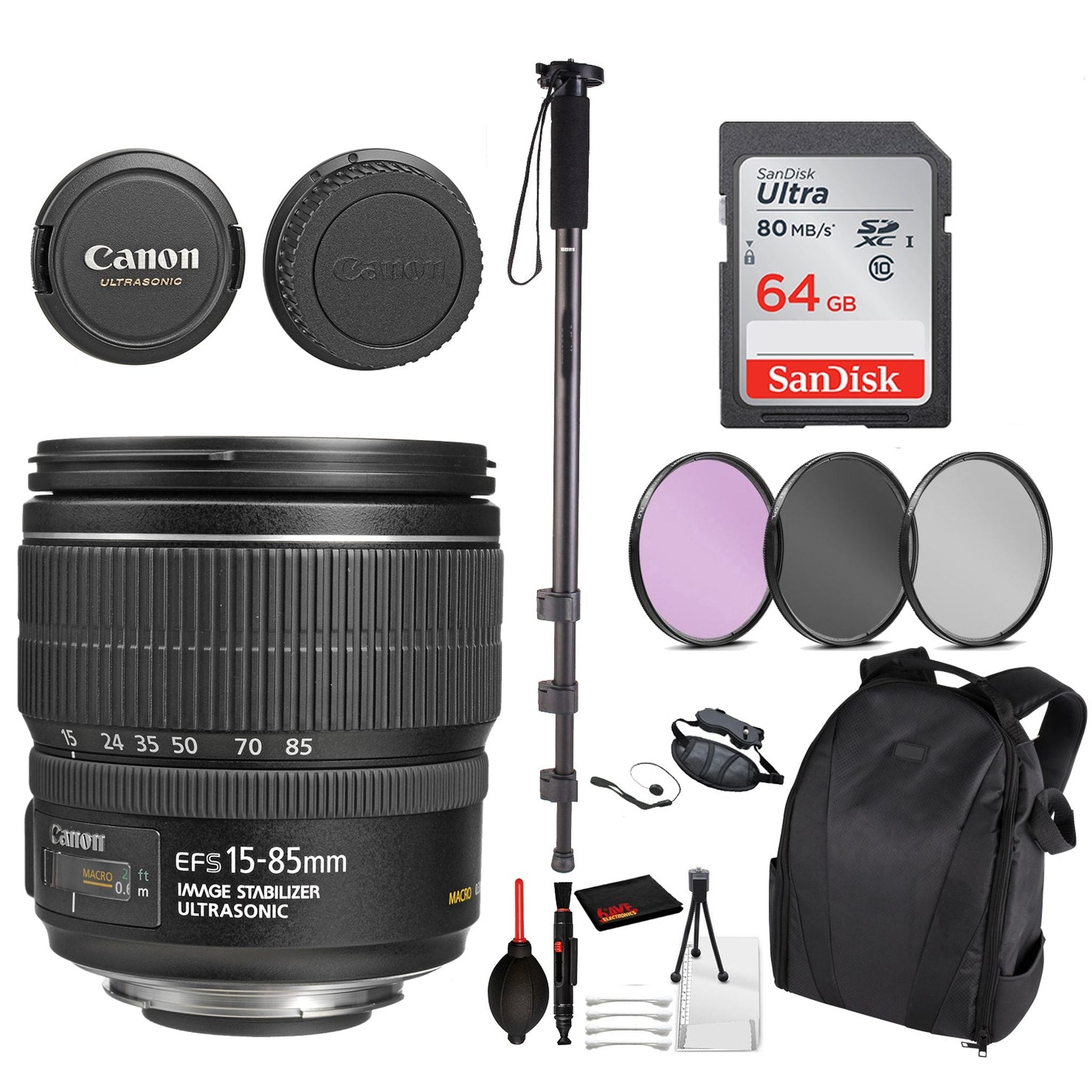 Canon EF-S 15-85mm f/3.5-5.6 IS USM Lens 3560B002 Essential Bundle for Canon EOS - International Model No Warranty Canon