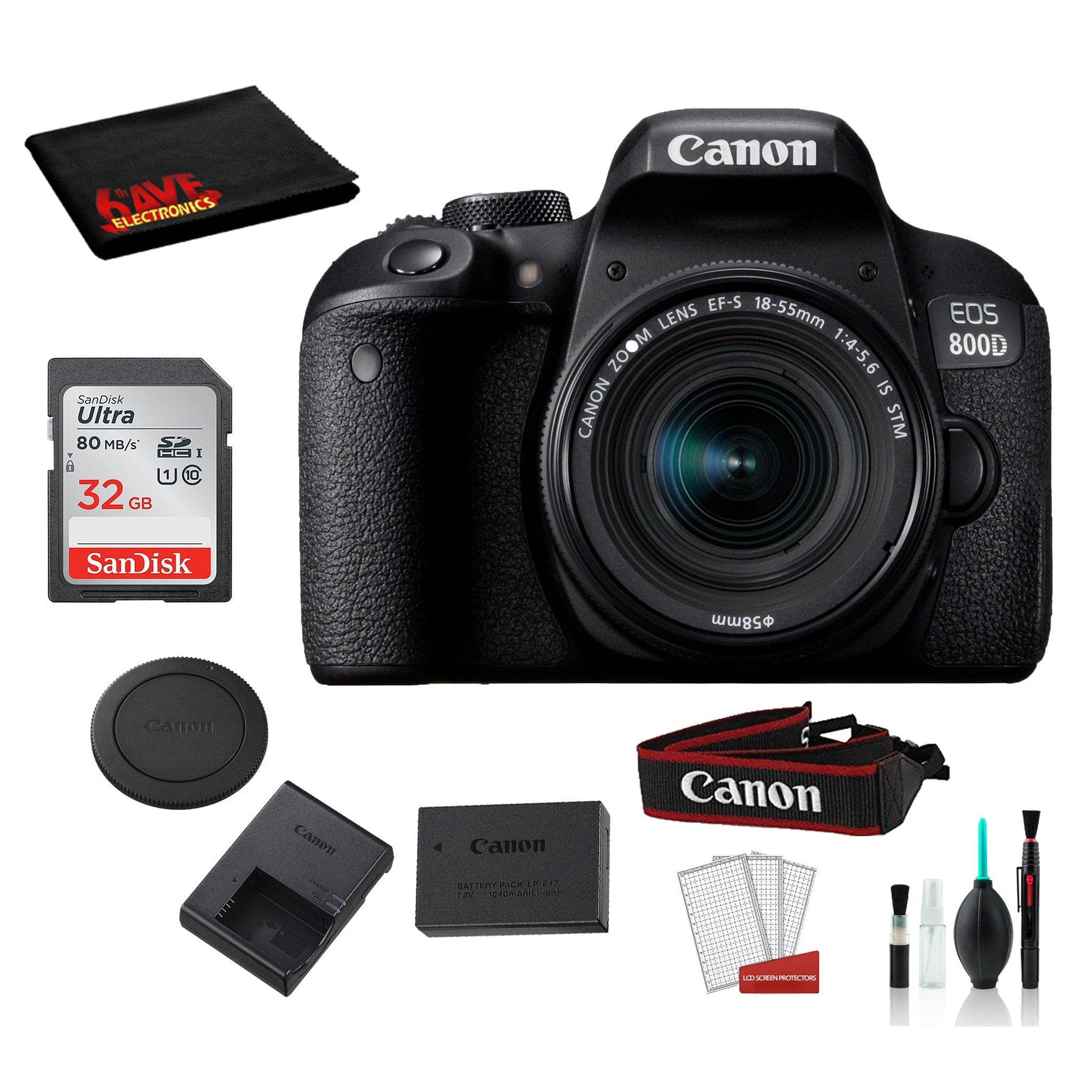 Canon EOS 800D Rebel T7i 18-55mm IS STM Lens Bundle SanDisk 32gb SD Card + Cleaning Kit + MORE - International Canon