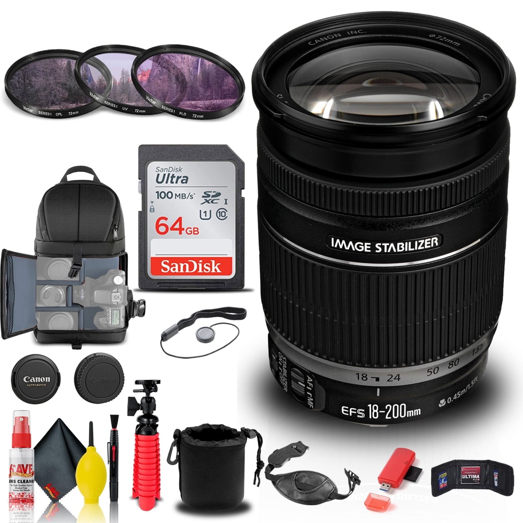 Canon EF-S 18-200mm f/3.5-5.6 IS Lens 2752B002 + Filter Kit + BackPack + More Canon