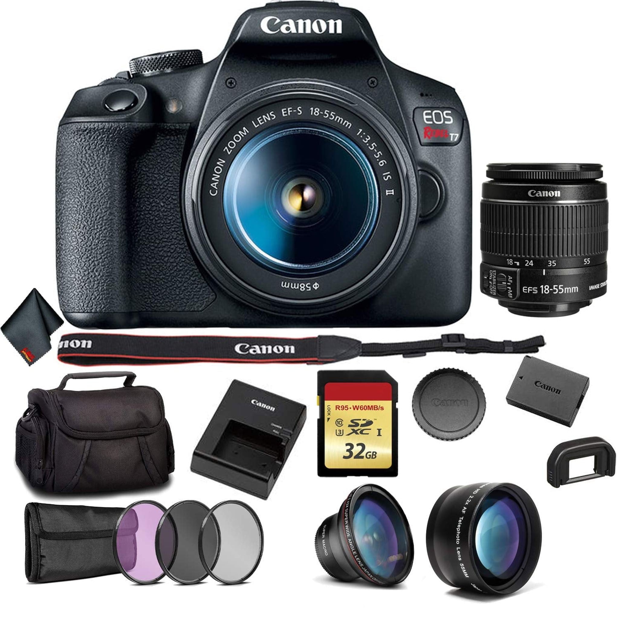 Canon EOS Rebel T7 DSLR Camera with 18-55mm Lens Bundle with 32GB Memory Card + 3pc Filter Kit + Angle Lens + Telephoto Canon