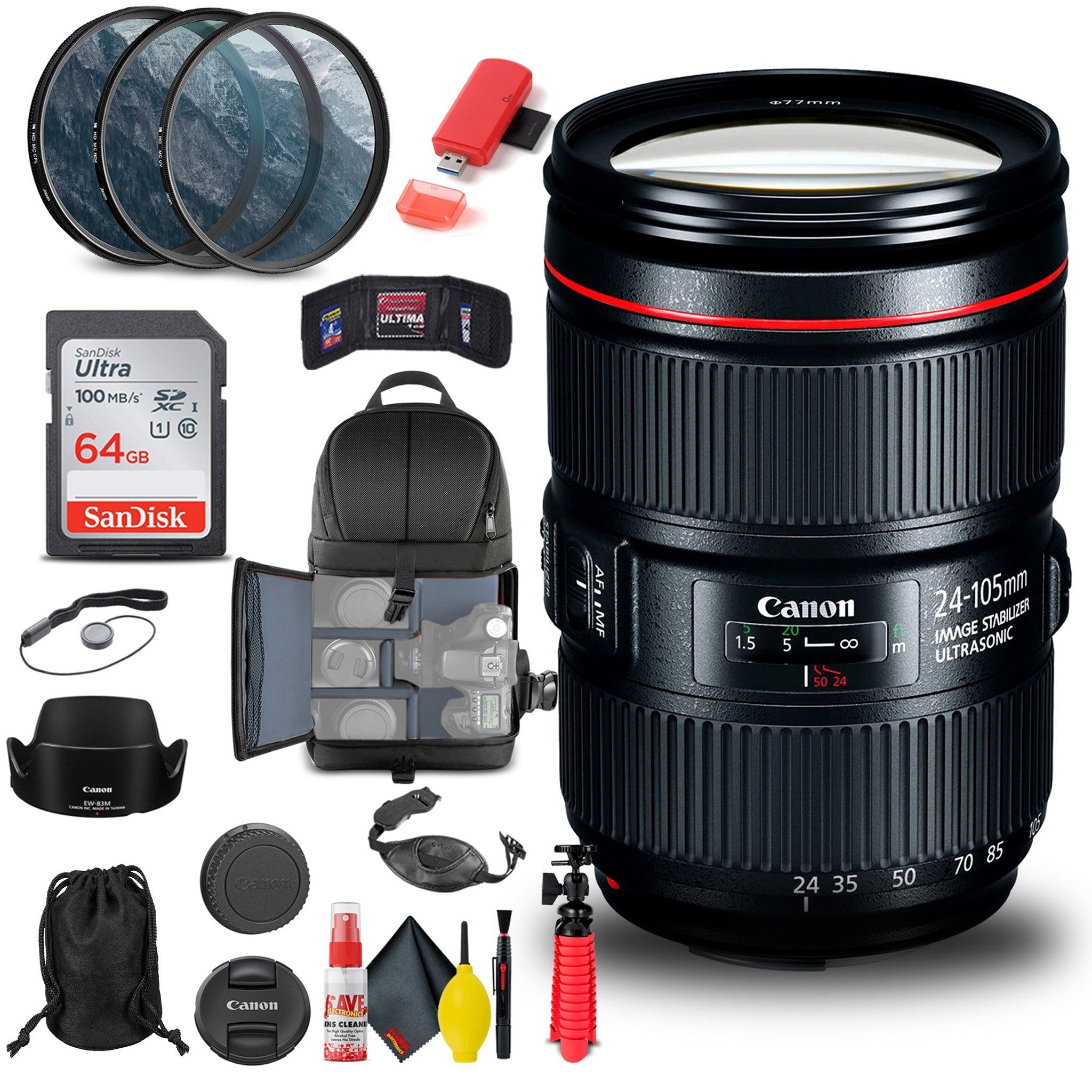 Canon EF 24-105mm f/4L IS II USM Lens 1380C002 + Filter Kit + BackPack Basic Bundle Canon